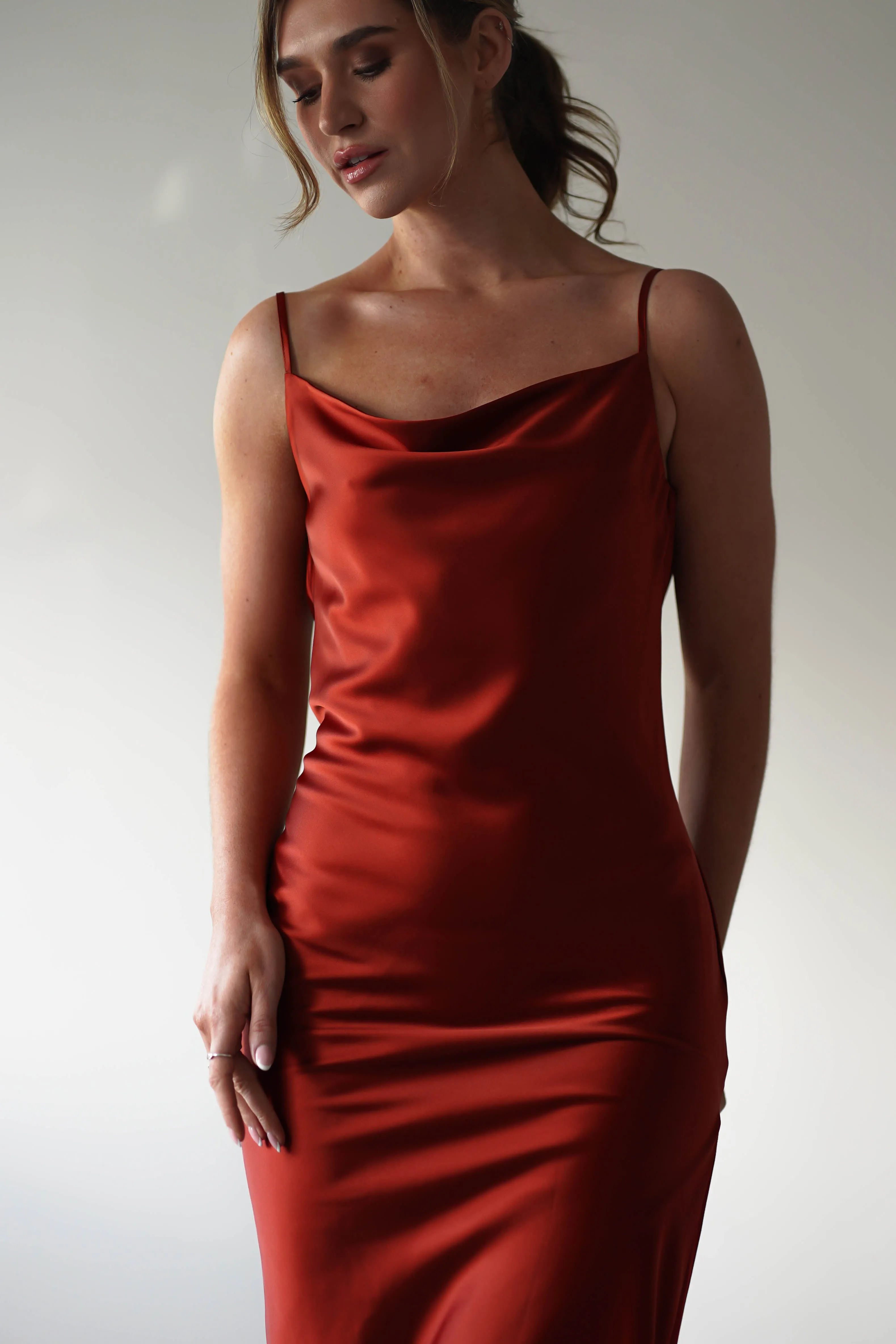 Luiza Low Back Satin Maxi Dress | Rust