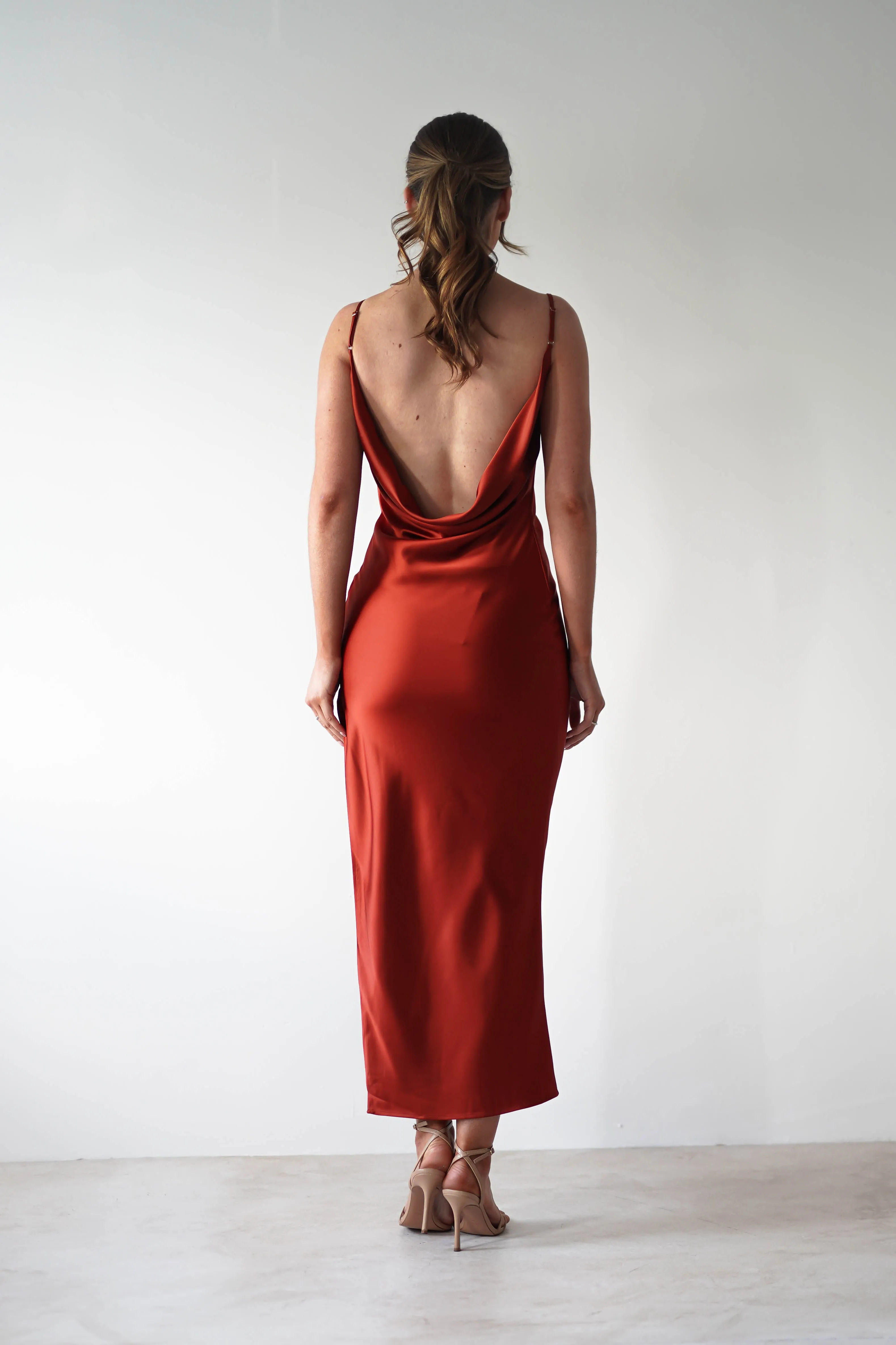 Luiza Low Back Satin Maxi Dress | Rust
