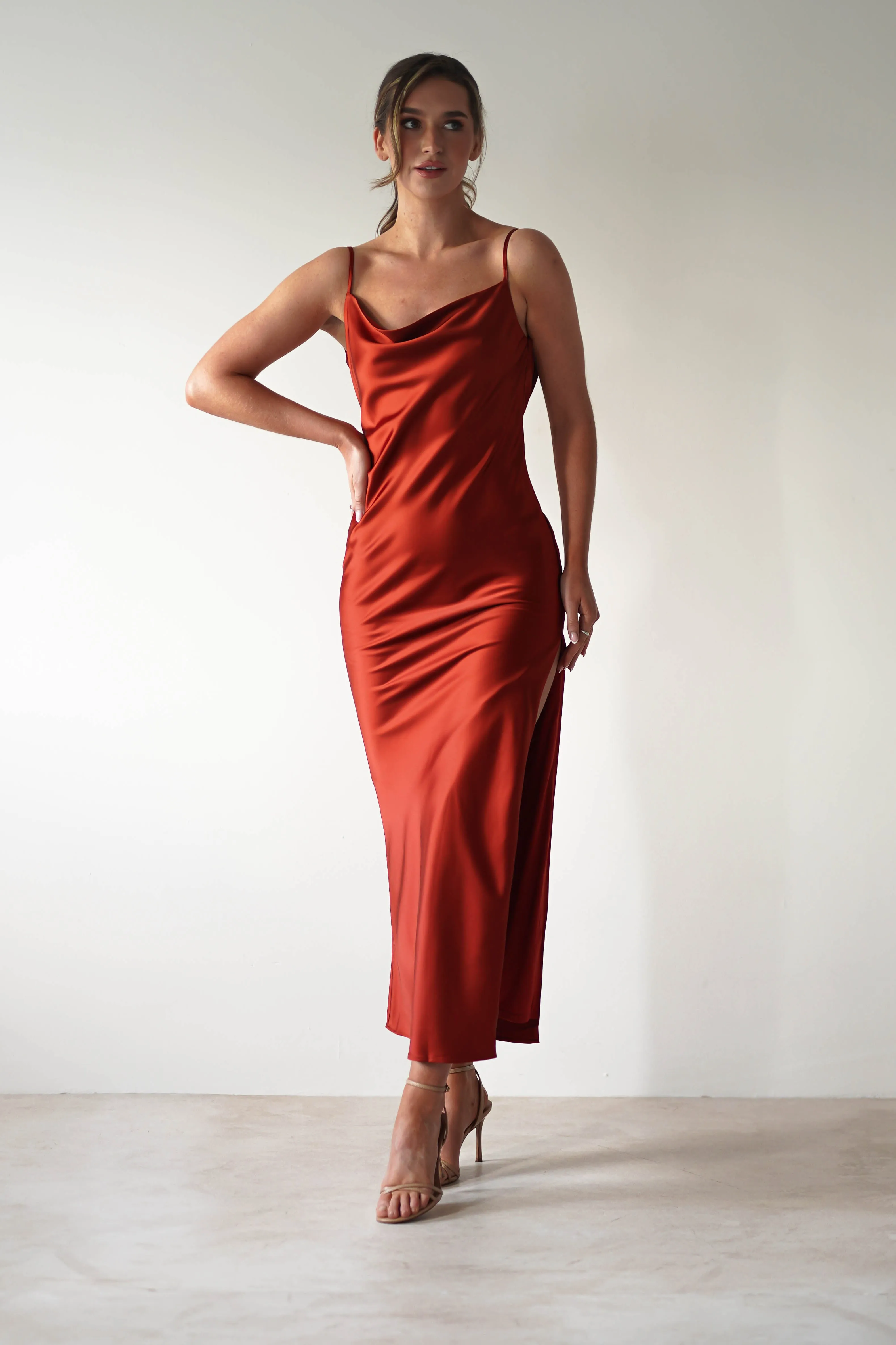 Luiza Low Back Satin Maxi Dress | Rust