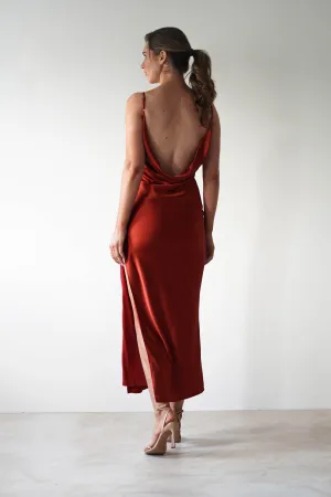 Luiza Low Back Satin Maxi Dress | Rust