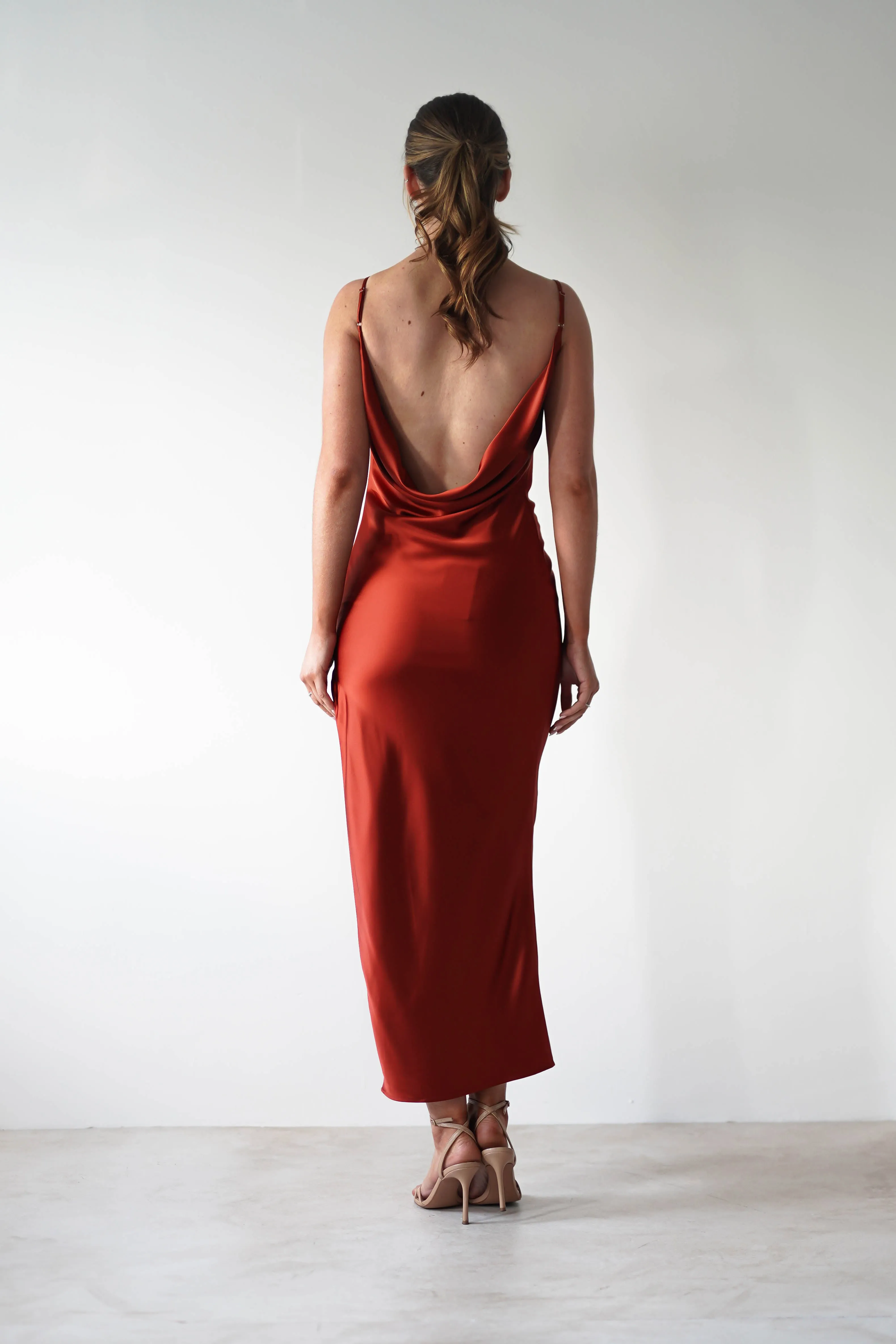 Luiza Low Back Satin Maxi Dress | Rust