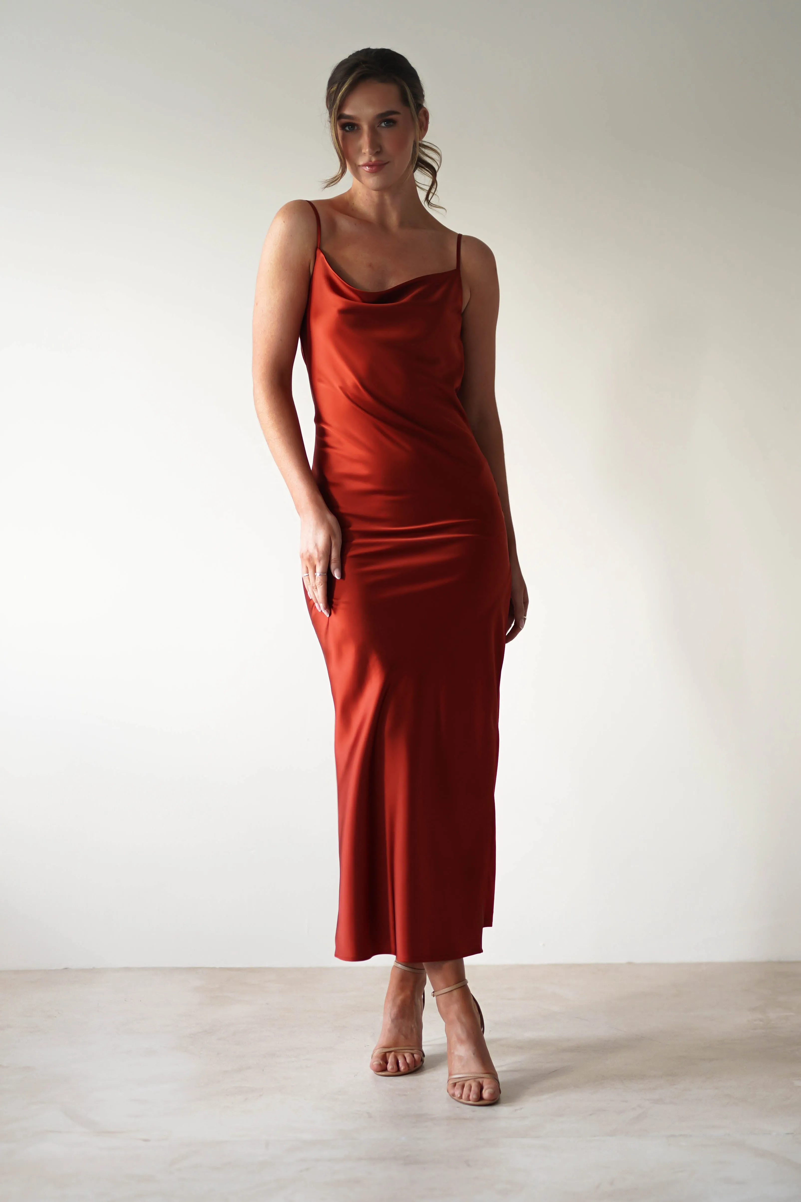 Luiza Low Back Satin Maxi Dress | Rust