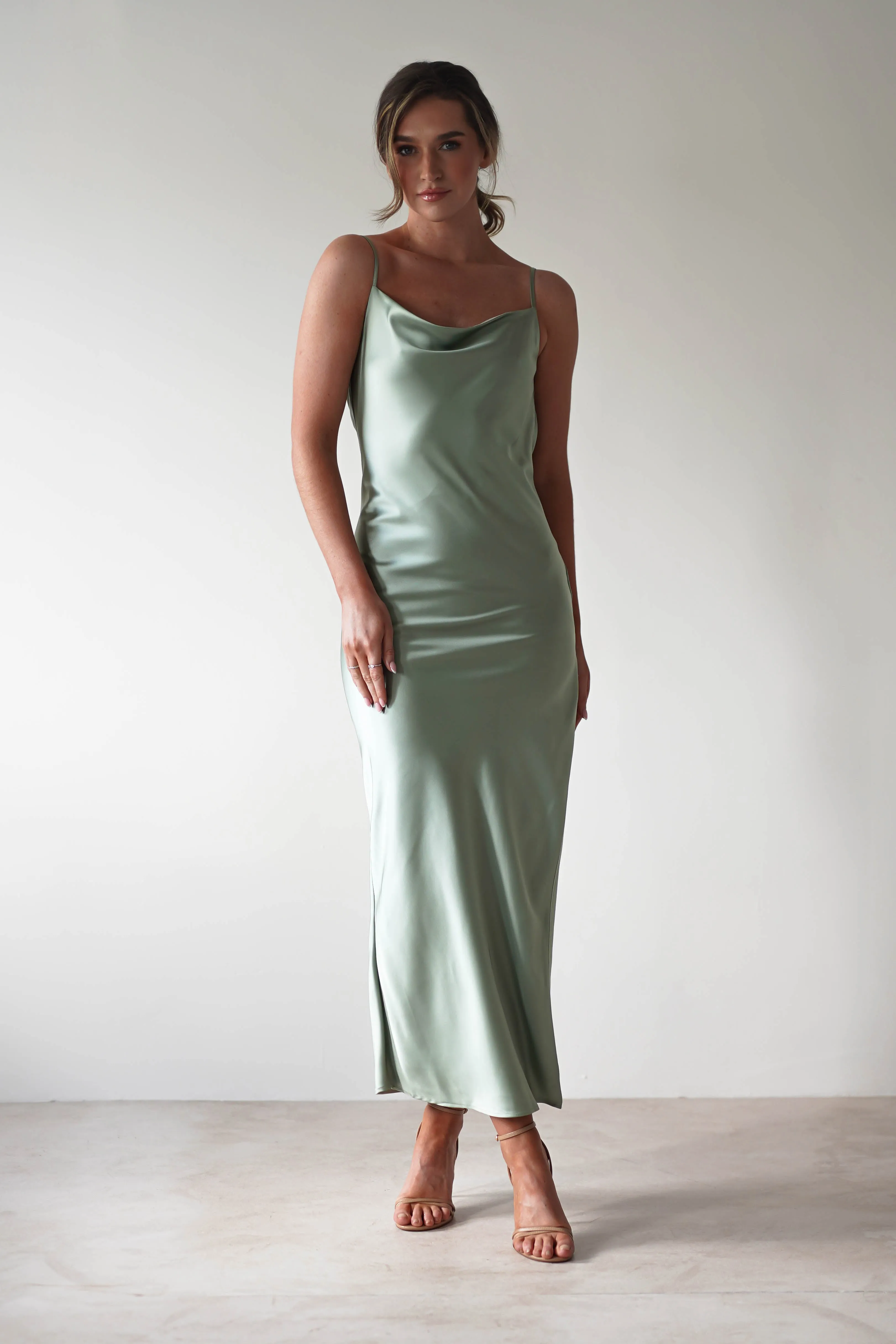 Luiza Low Back Satin Maxi Dress | Sage