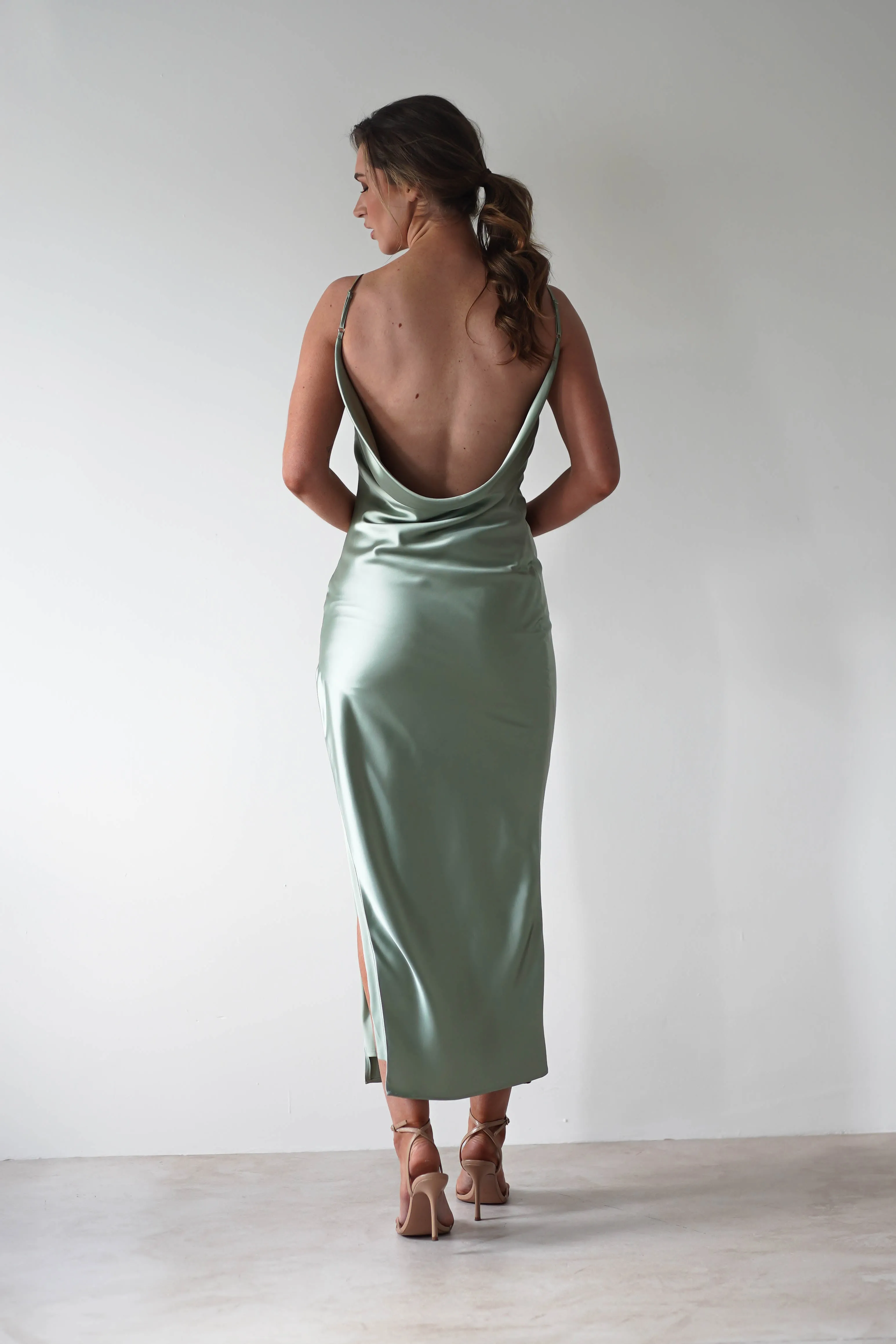 Luiza Low Back Satin Maxi Dress | Sage