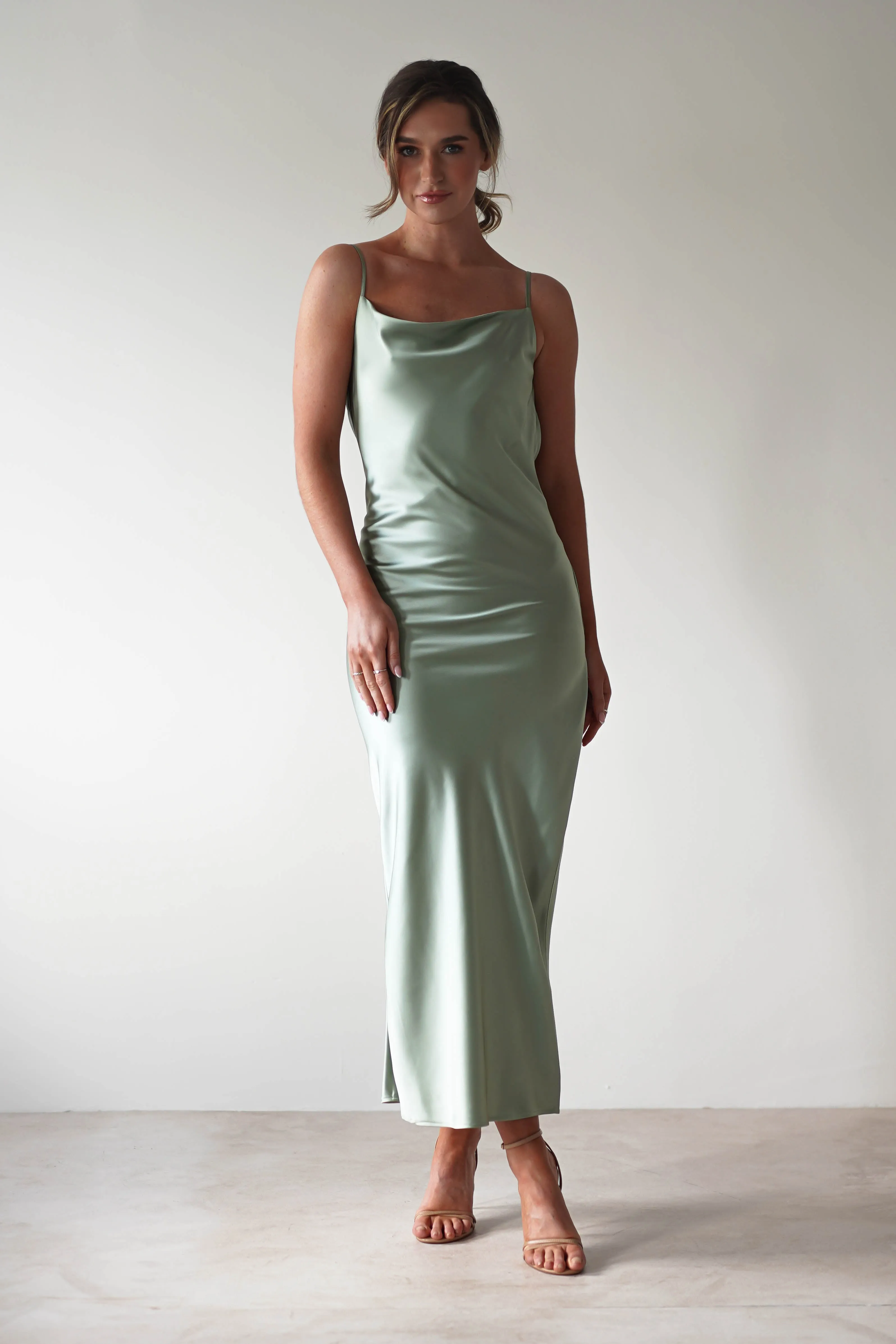 Luiza Low Back Satin Maxi Dress | Sage