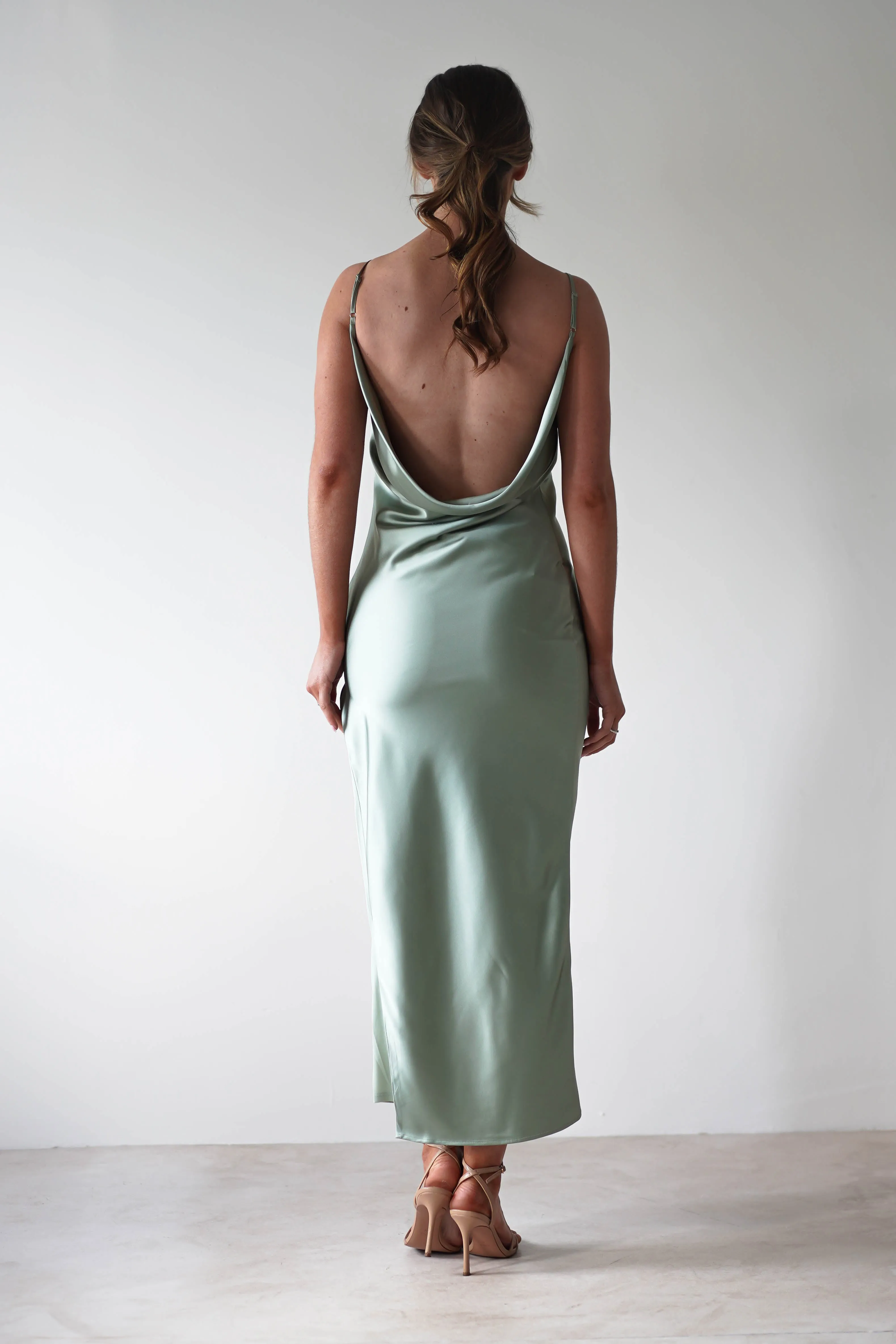 Luiza Low Back Satin Maxi Dress | Sage