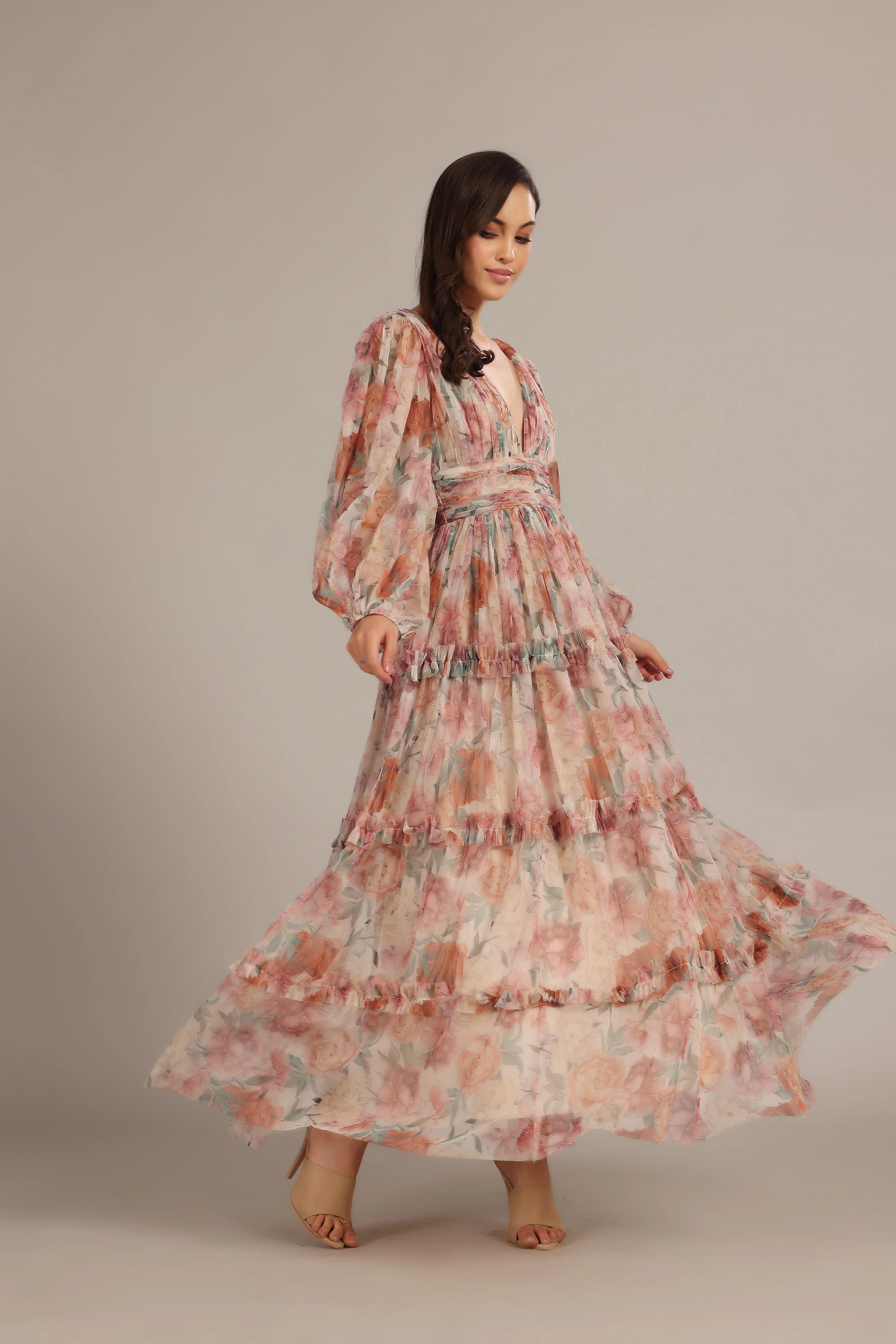 Lydia Maxi Dress in Light Brown Floral