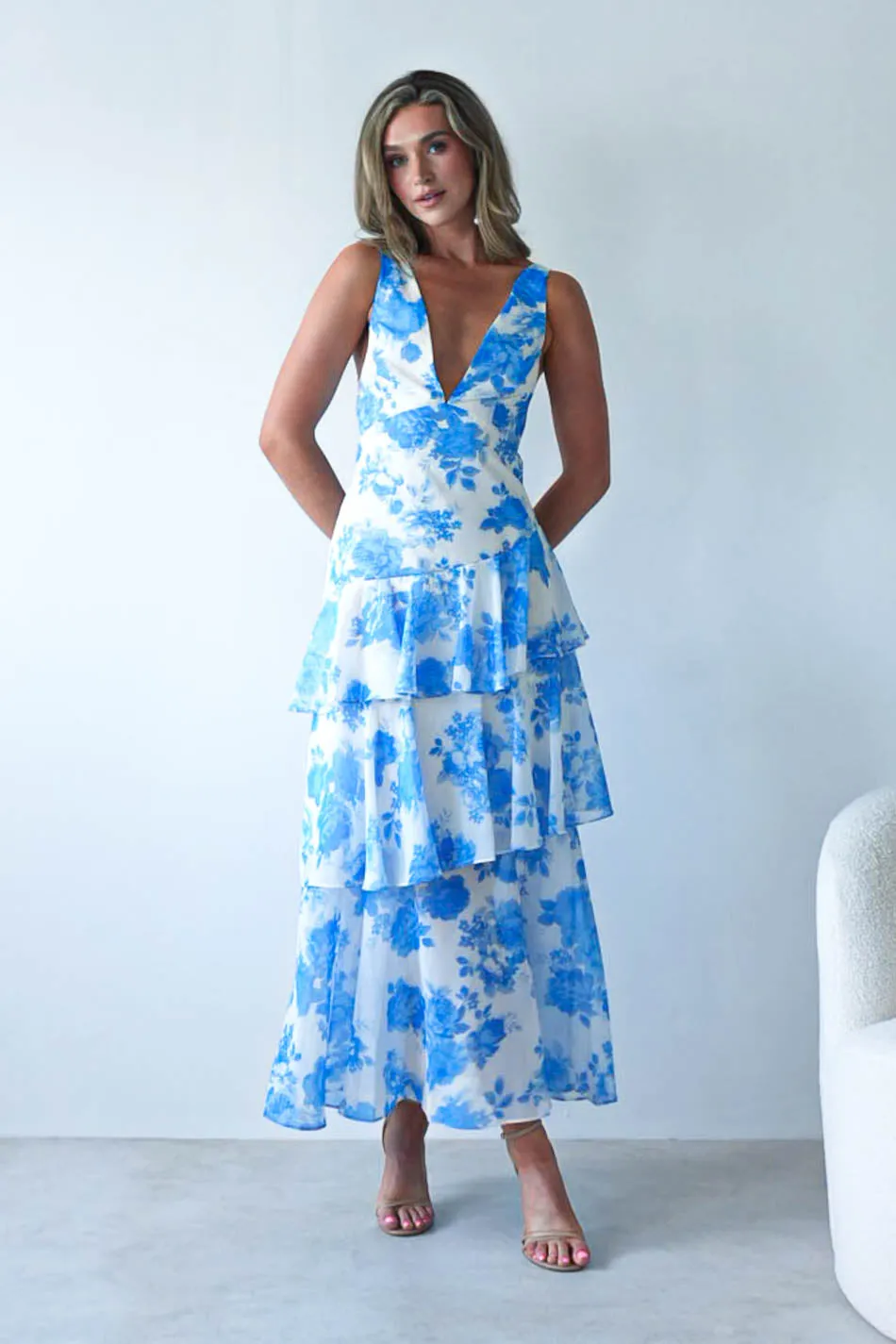 Lyla Floral Ruffle Midaxi Dress | Blue/White