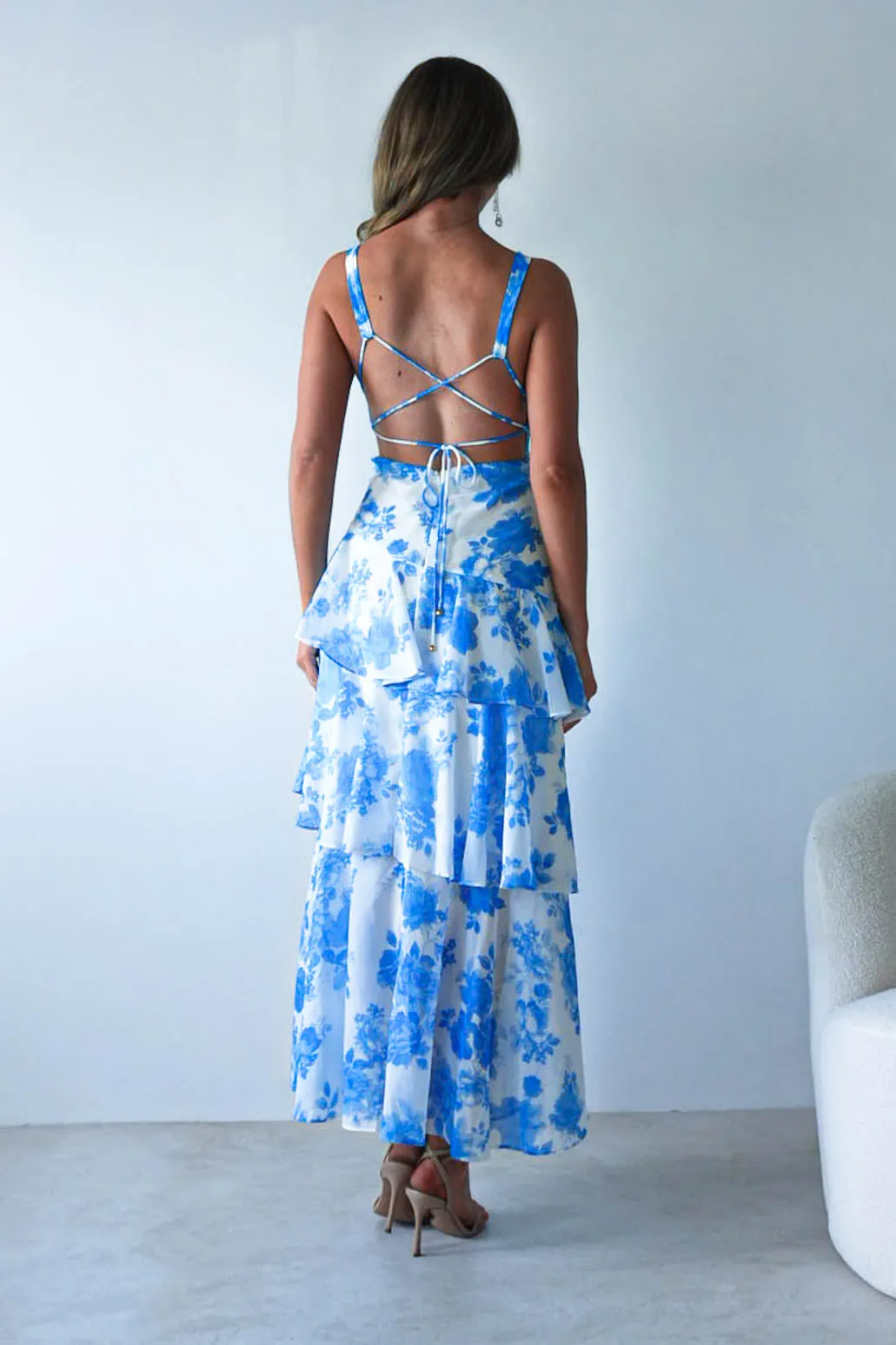 Lyla Floral Ruffle Midaxi Dress | Blue/White