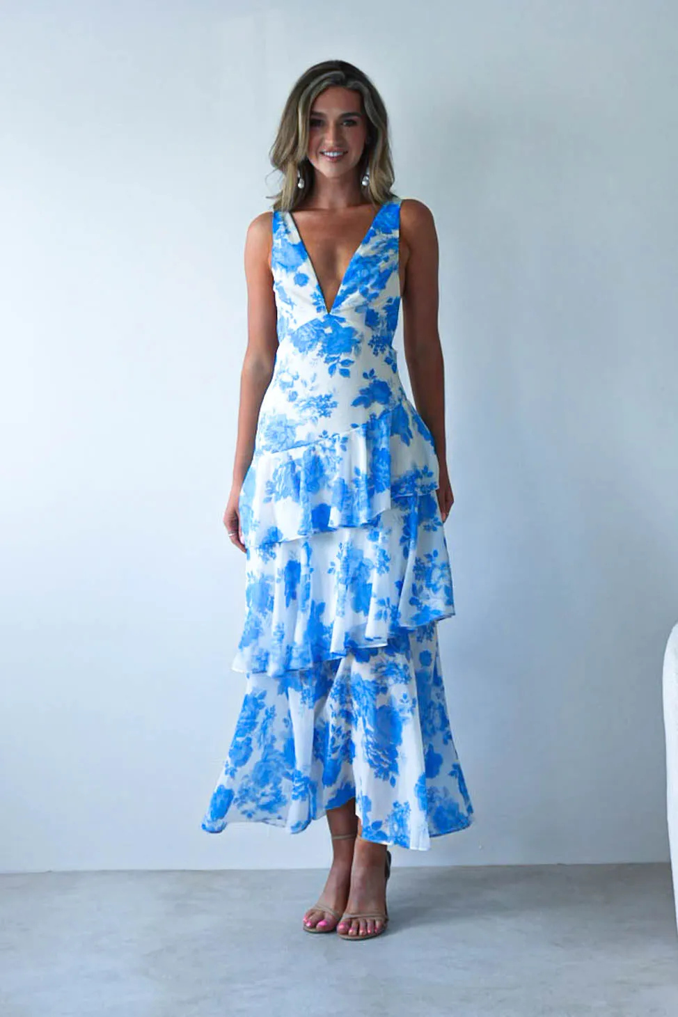 Lyla Floral Ruffle Midaxi Dress | Blue/White