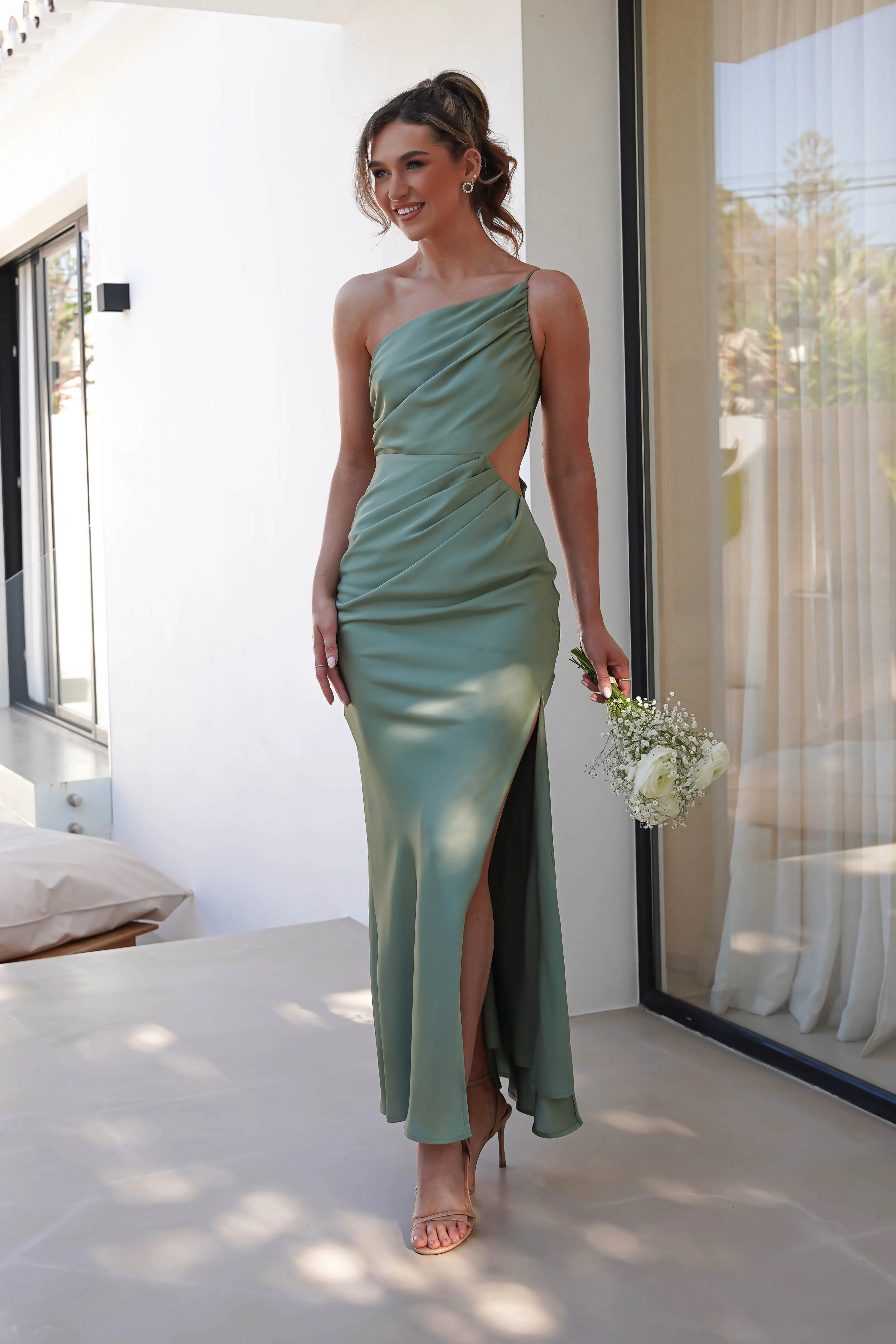 Lyra Soft Matte Satin Maxi Dress | Olive