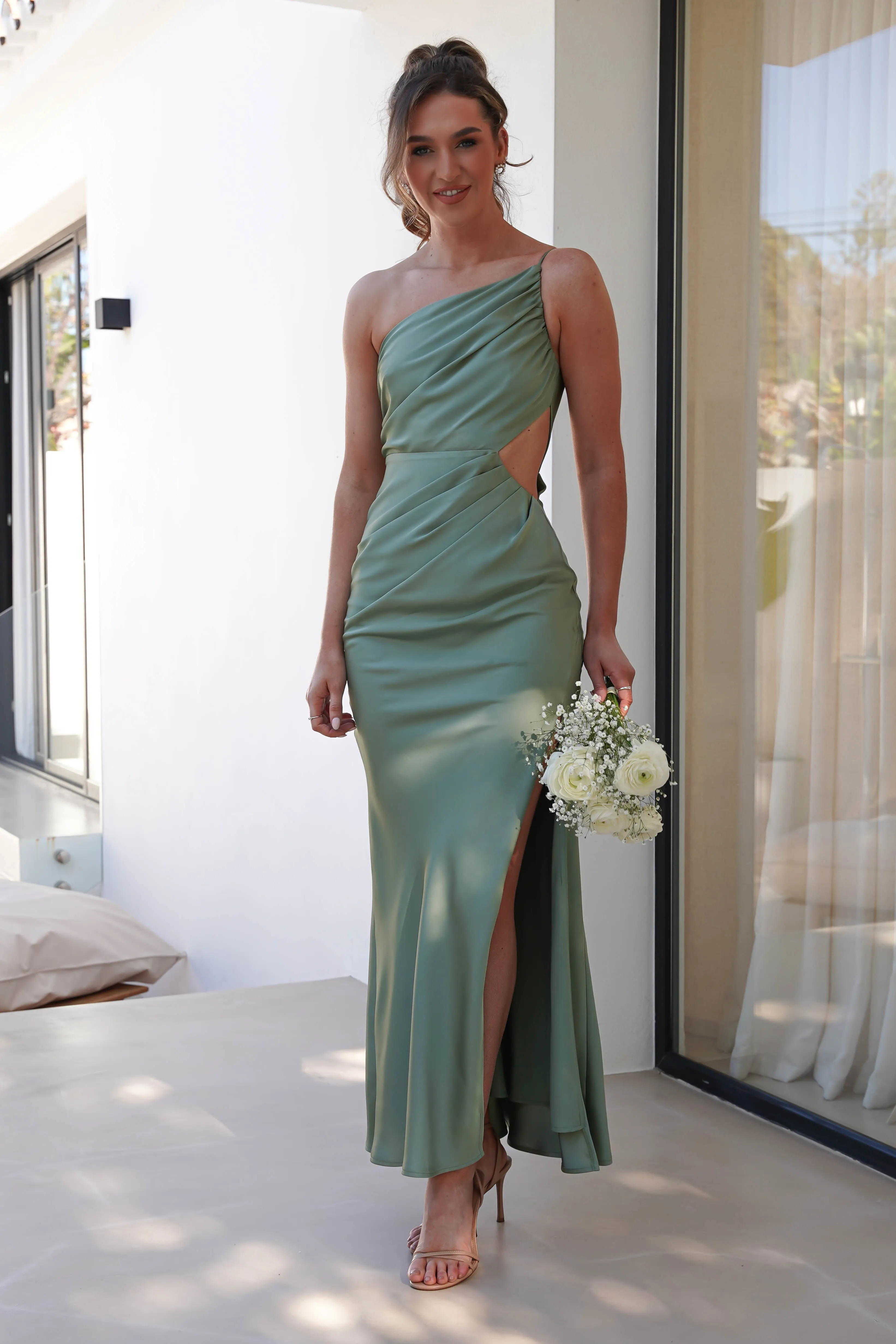 Lyra Soft Matte Satin Maxi Dress | Olive