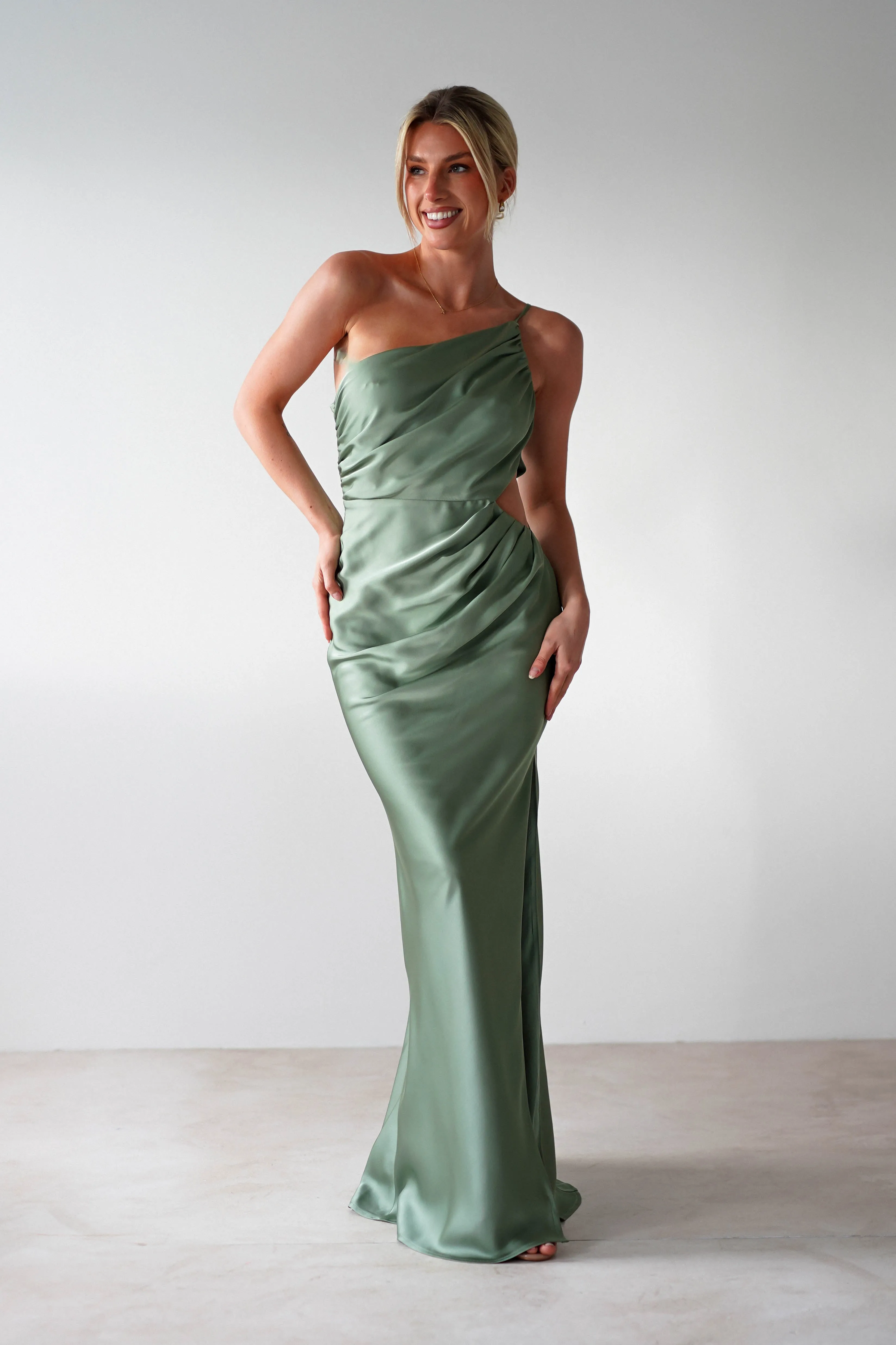 Lyra Soft Matte Satin Maxi Dress | Olive
