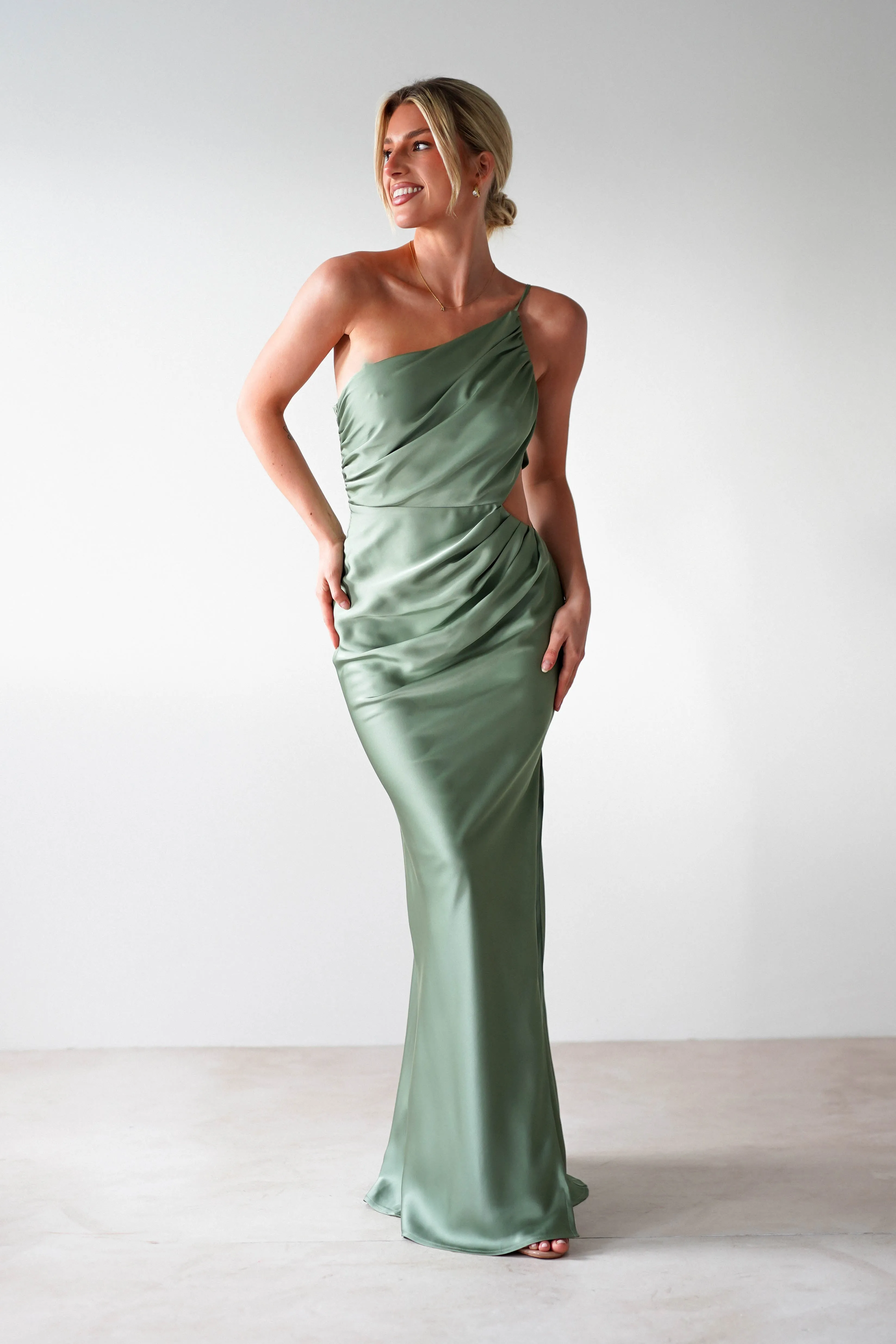 Lyra Soft Matte Satin Maxi Dress | Olive