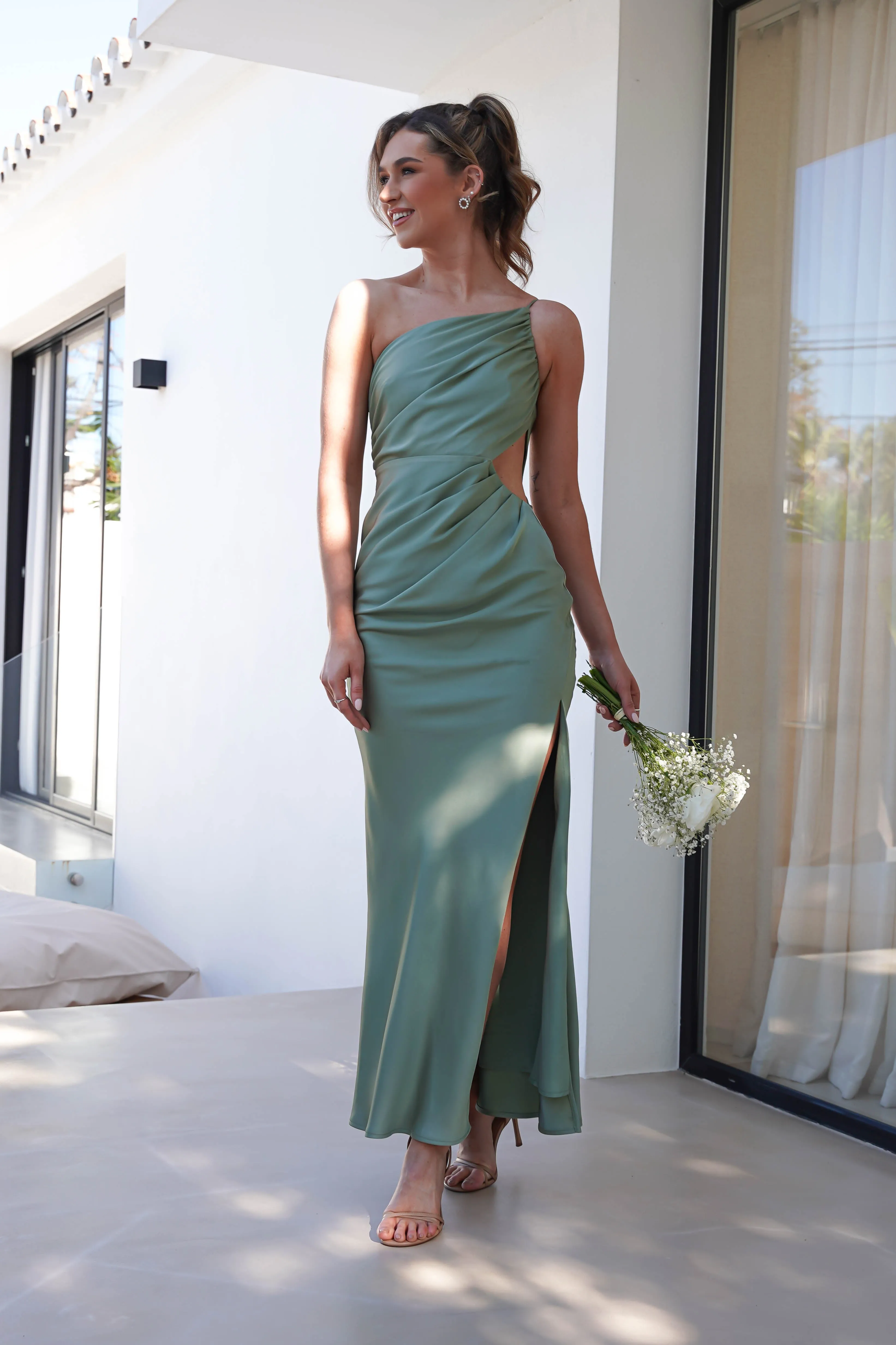 Lyra Soft Matte Satin Maxi Dress | Olive