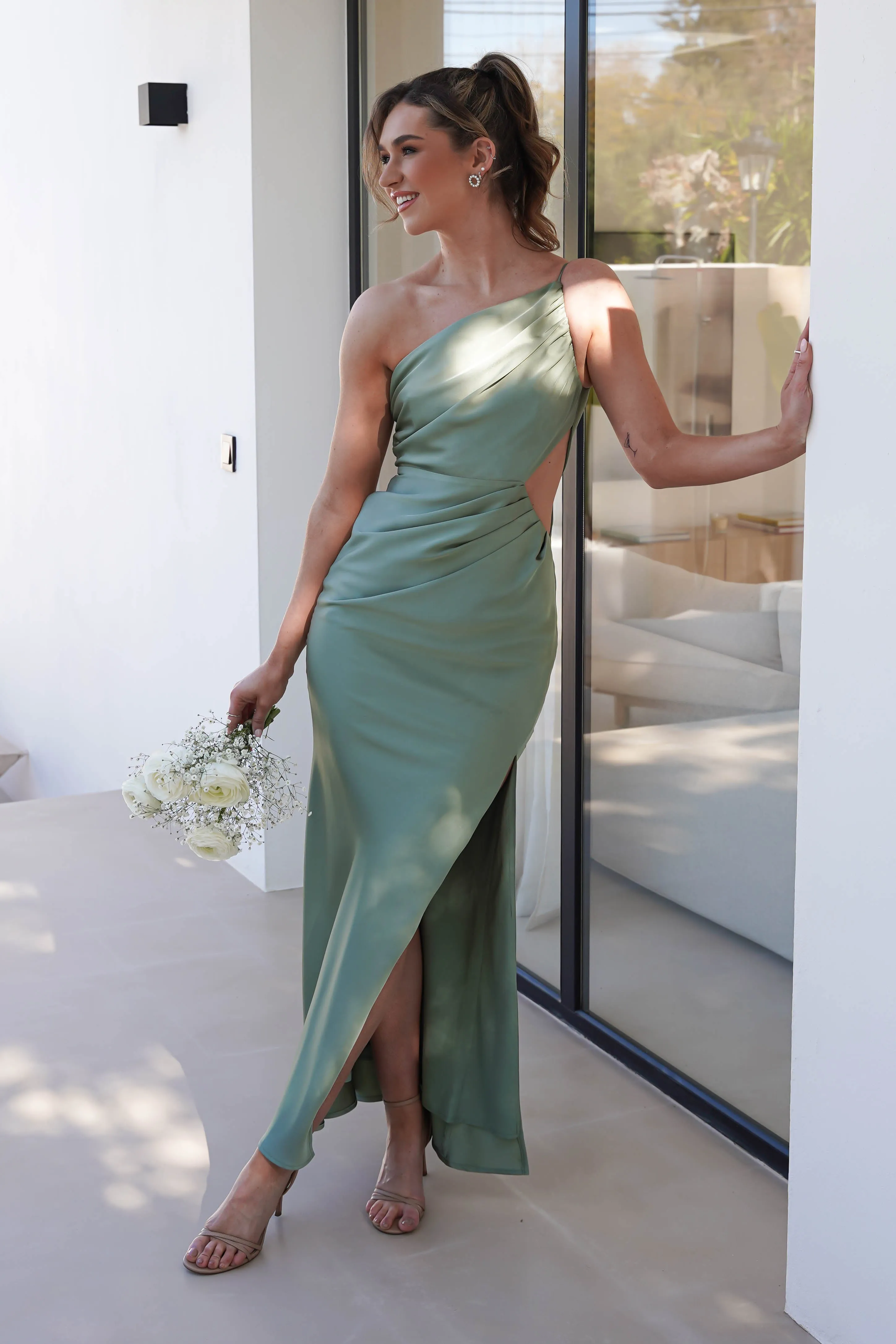 Lyra Soft Matte Satin Maxi Dress | Olive