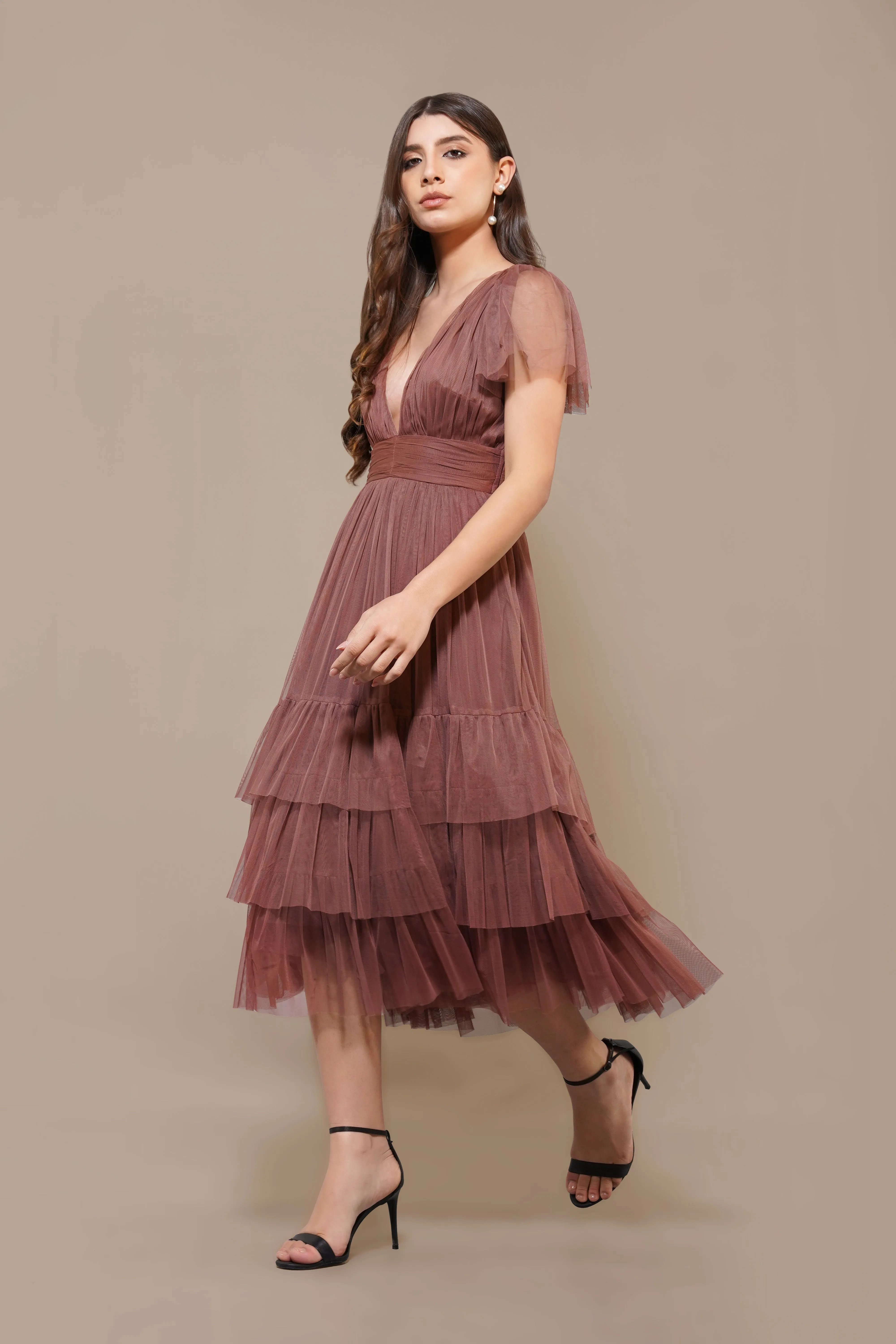 Madison Rose Brown Tulle Bridesmaid Midi Dress