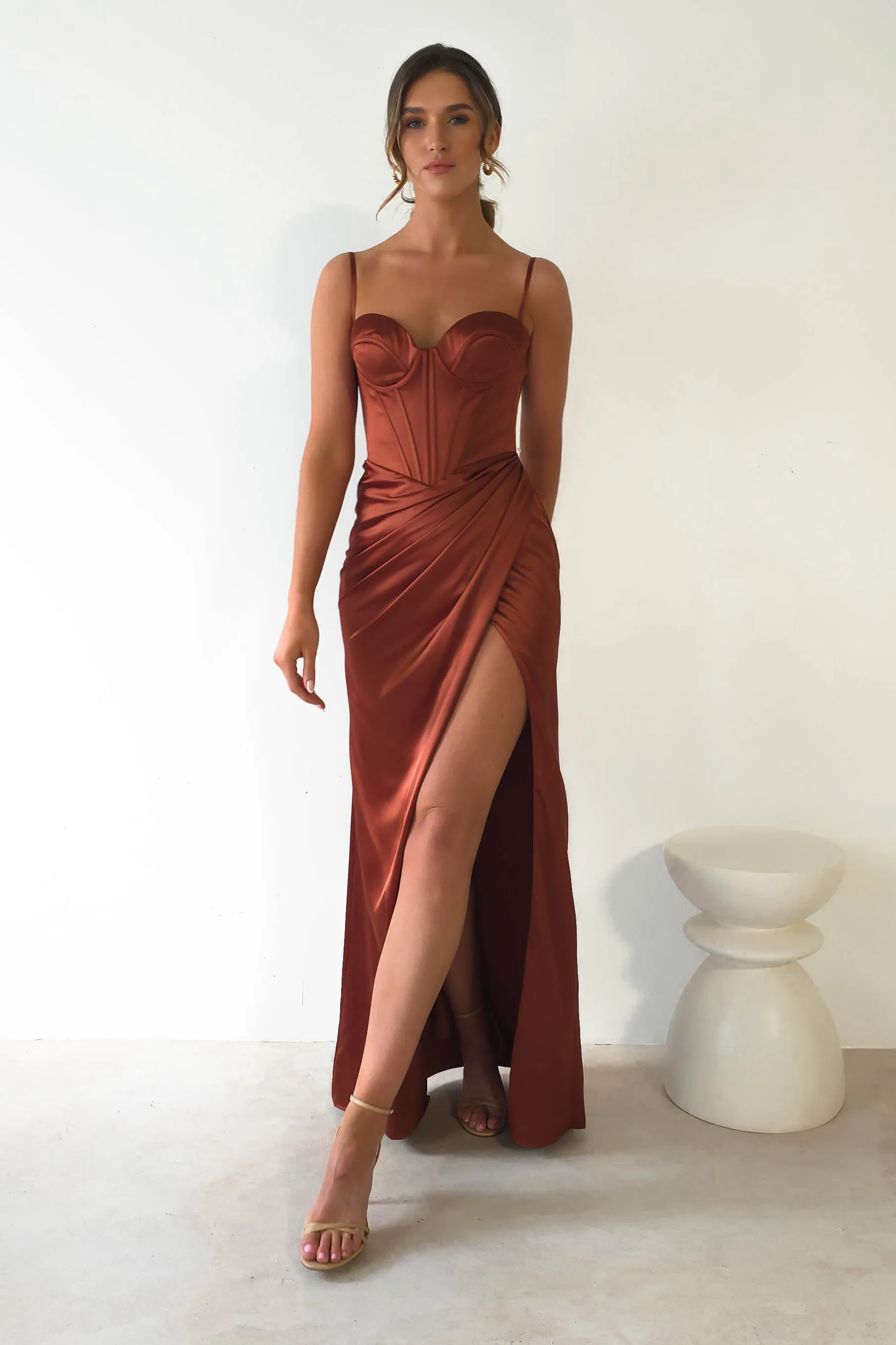 Maja Satin Corset Gown | Rust