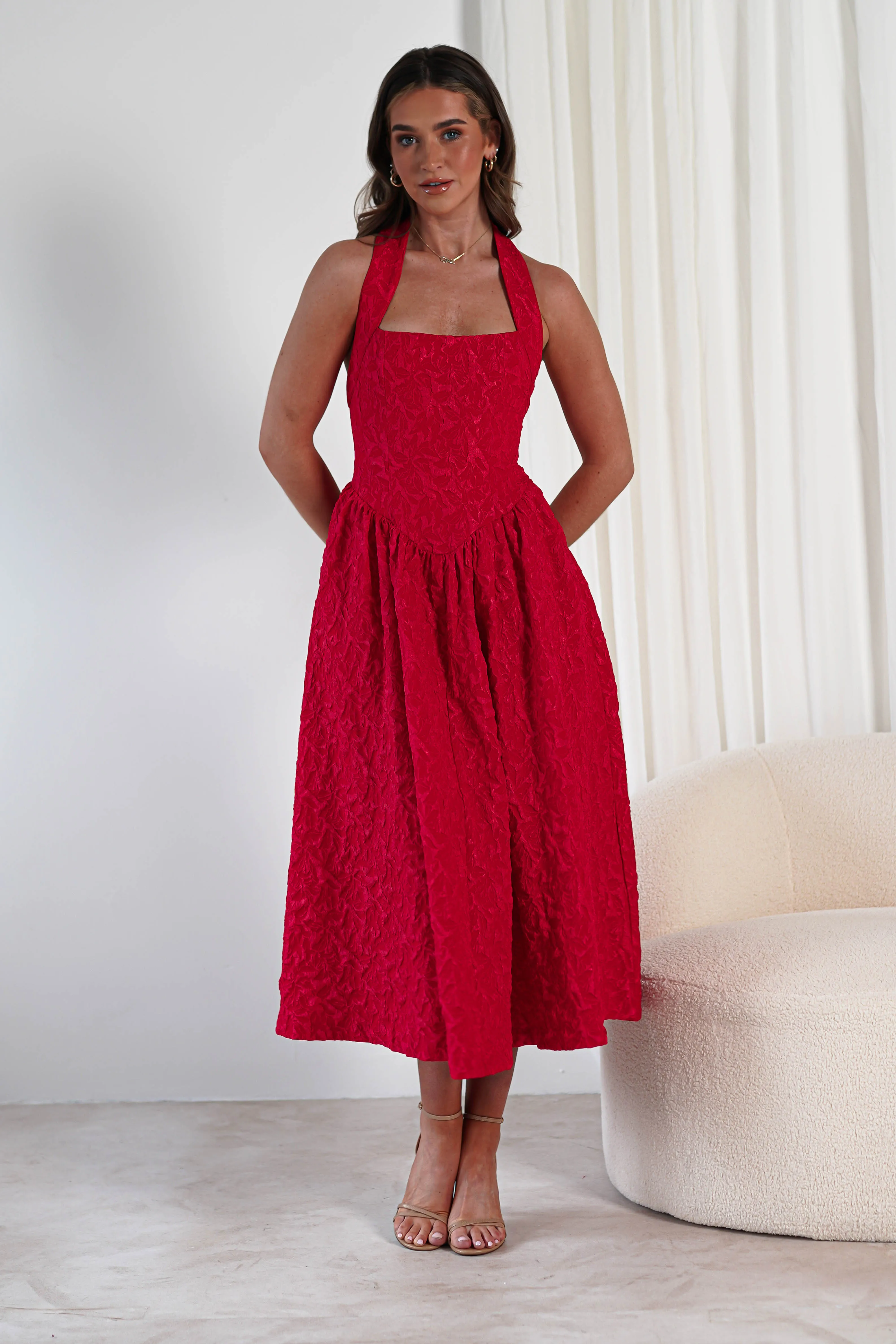Margot Textured Midaxi Dress | Red