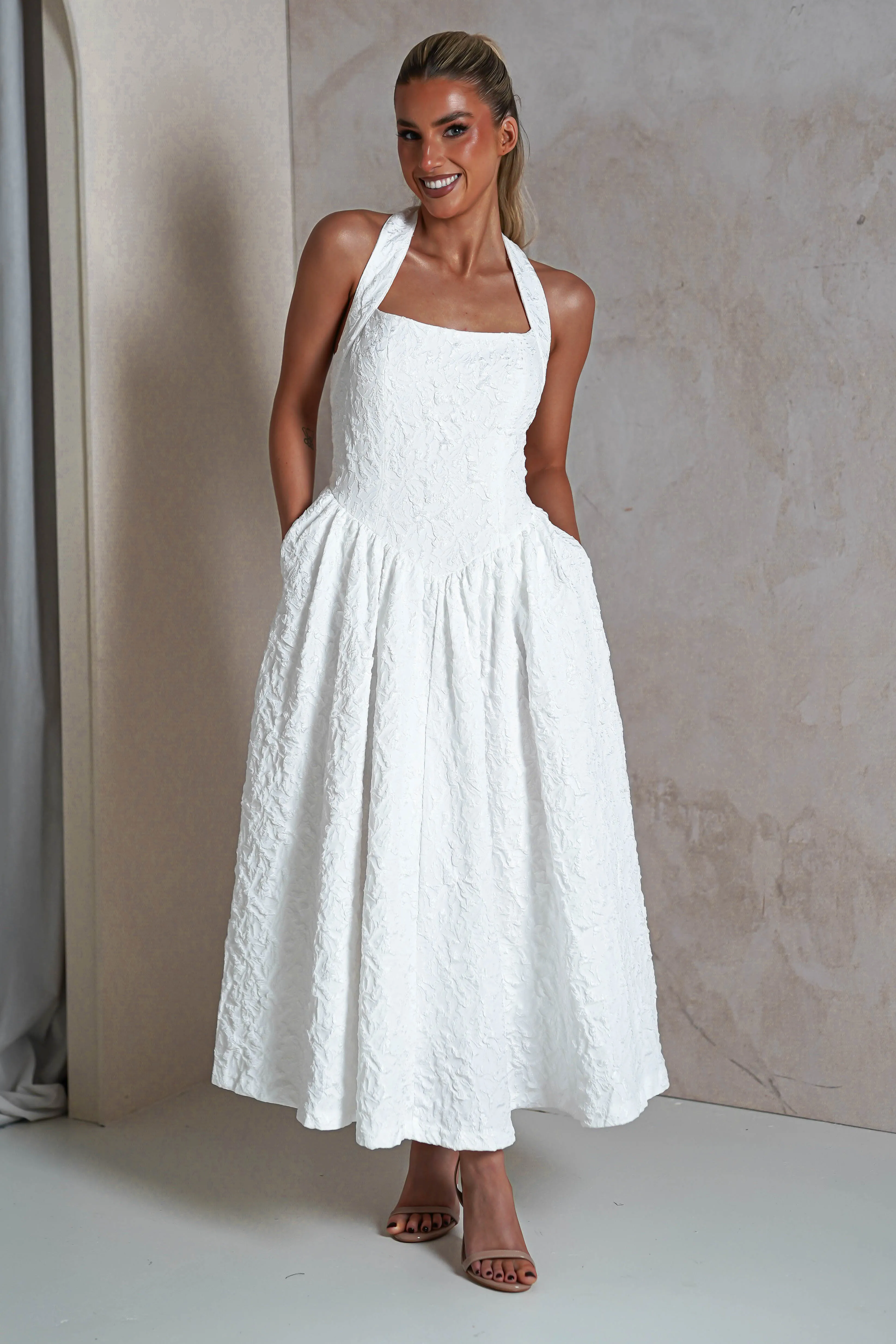 Margot Textured Midaxi Dress | White