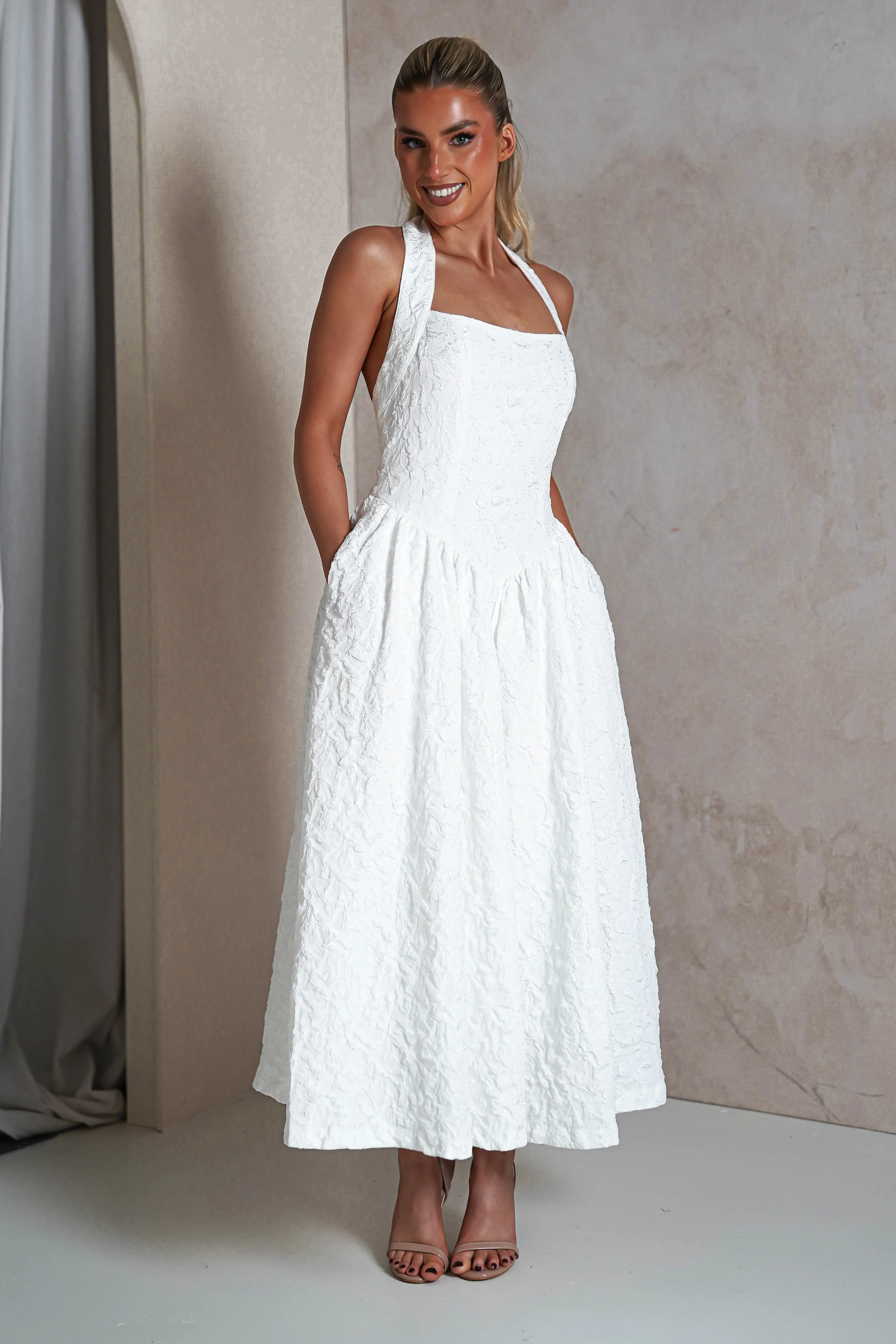 Margot Textured Midaxi Dress | White