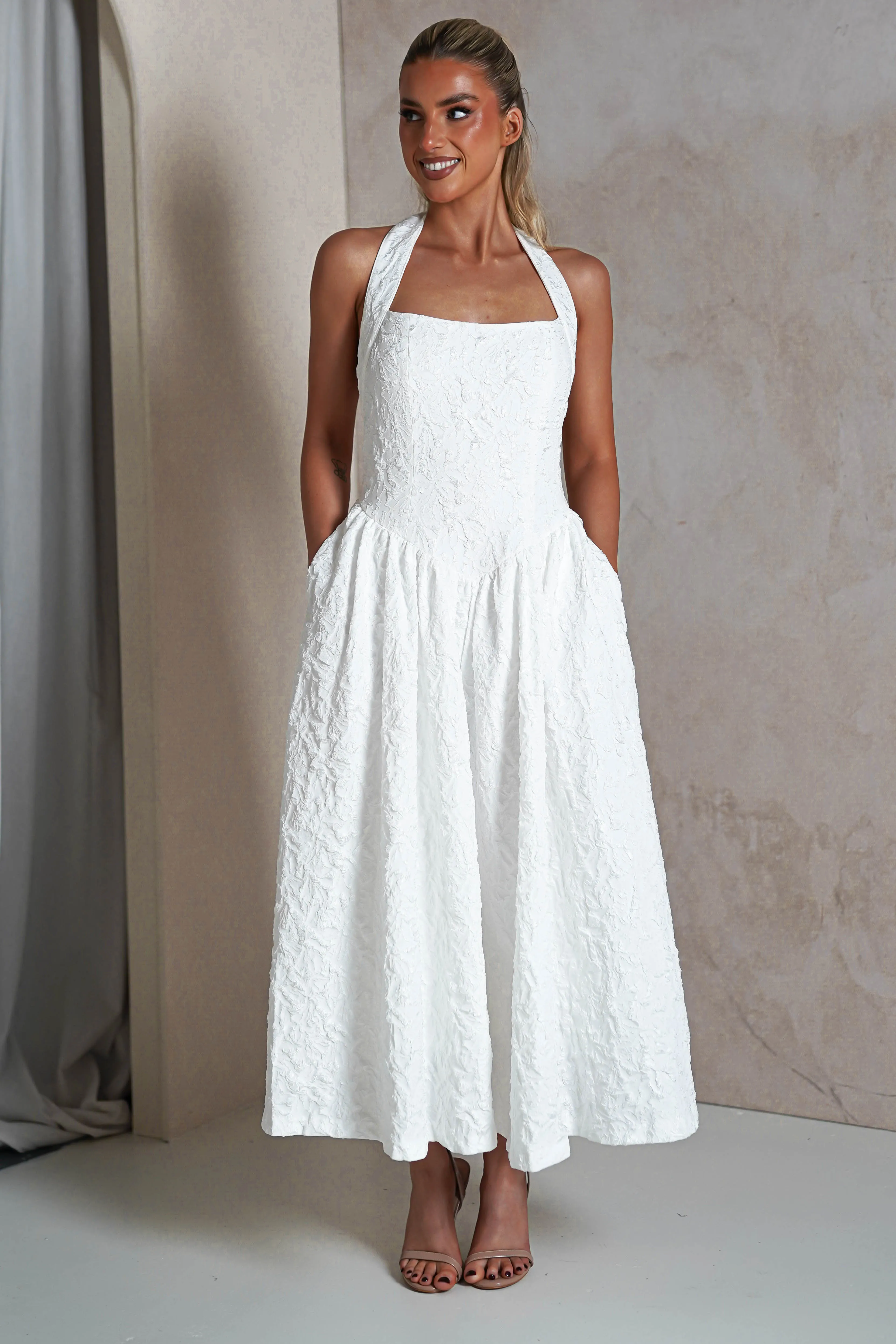 Margot Textured Midaxi Dress | White