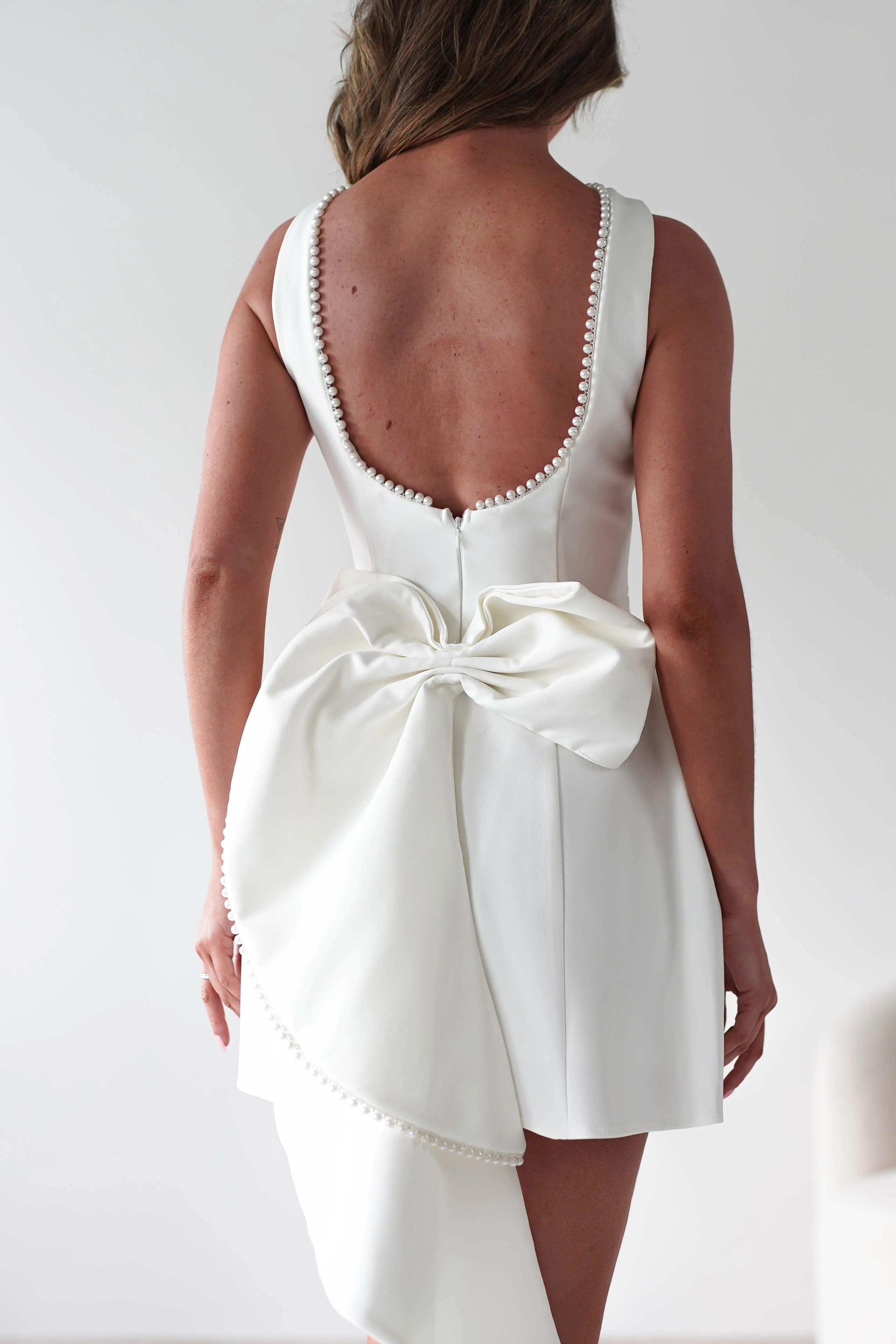 Maria Pearl Bow Detail Mini Dress | White