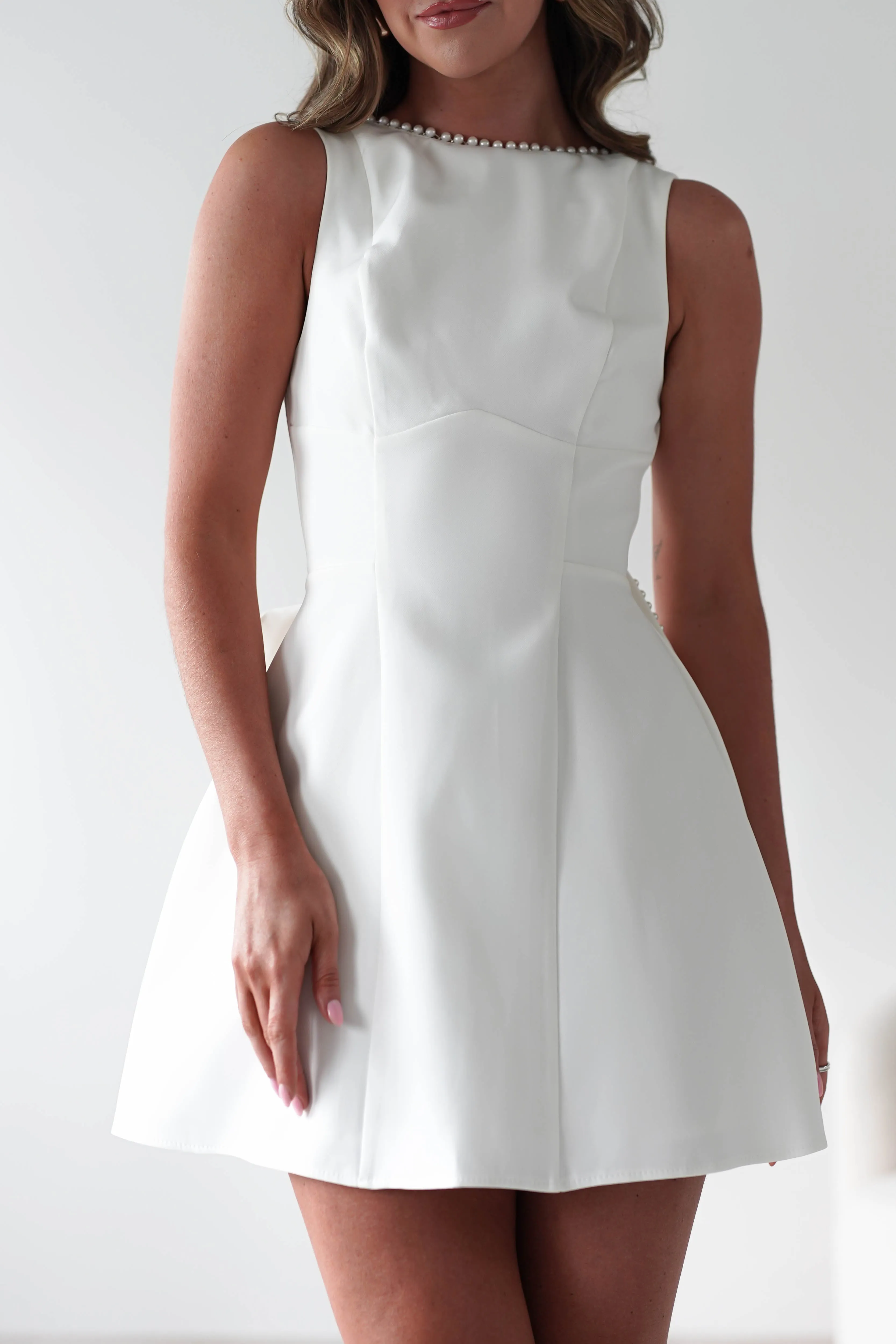 Maria Pearl Bow Detail Mini Dress | White