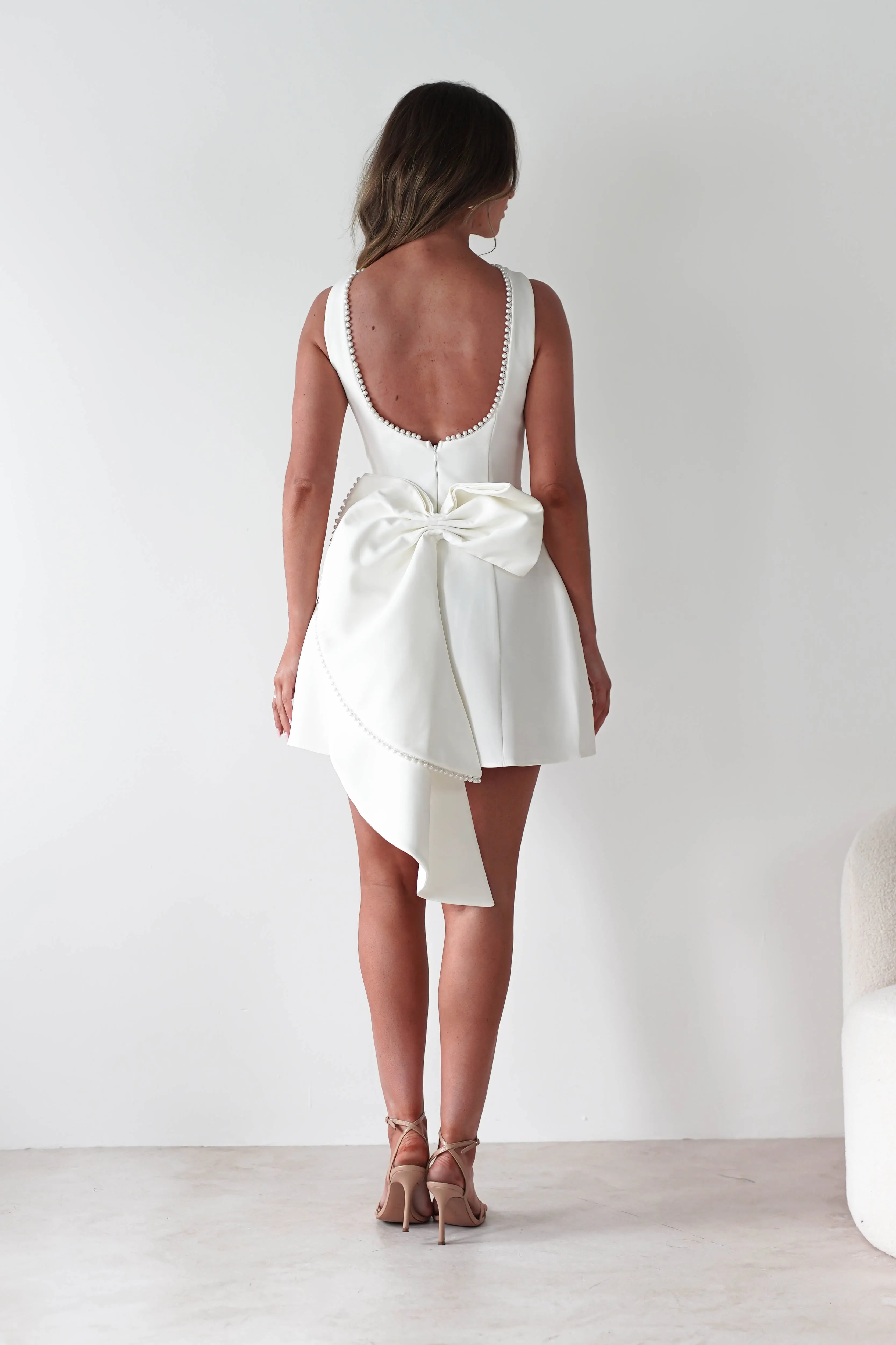 Maria Pearl Bow Detail Mini Dress | White