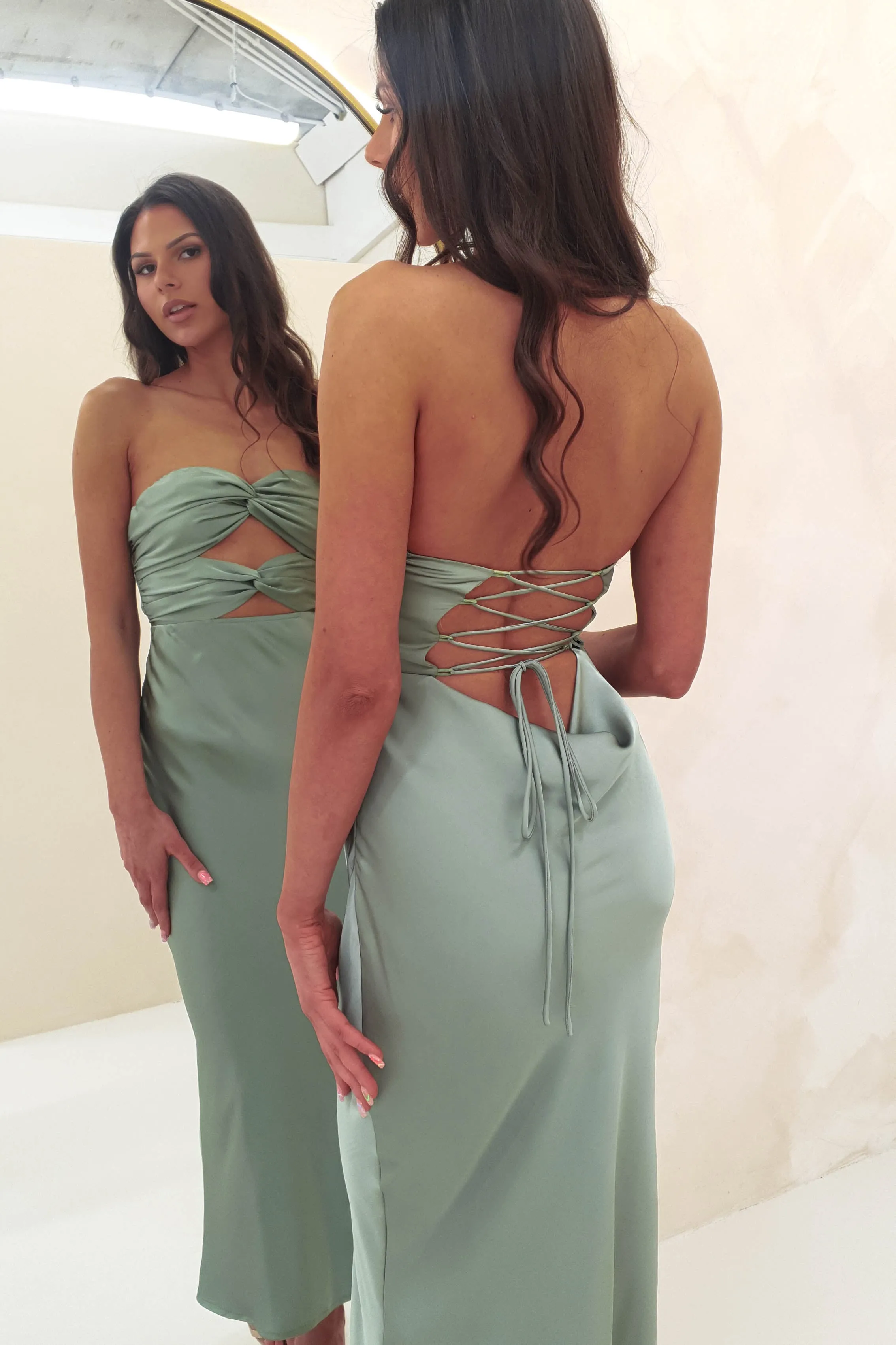 Marlini Strapless Cut Out Midi Dress | Olive