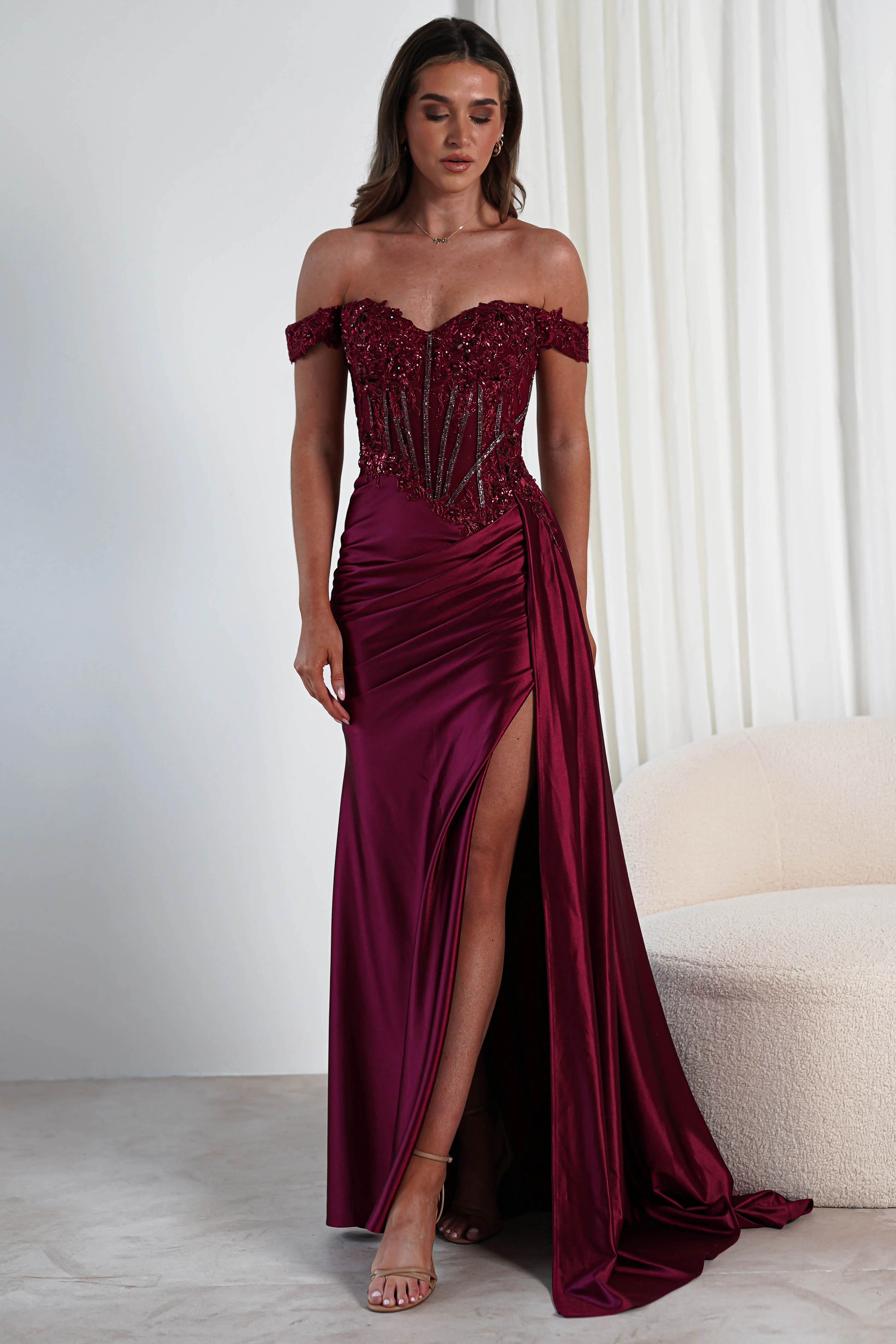 Marsela Lace Bodice Gown | Burgundy