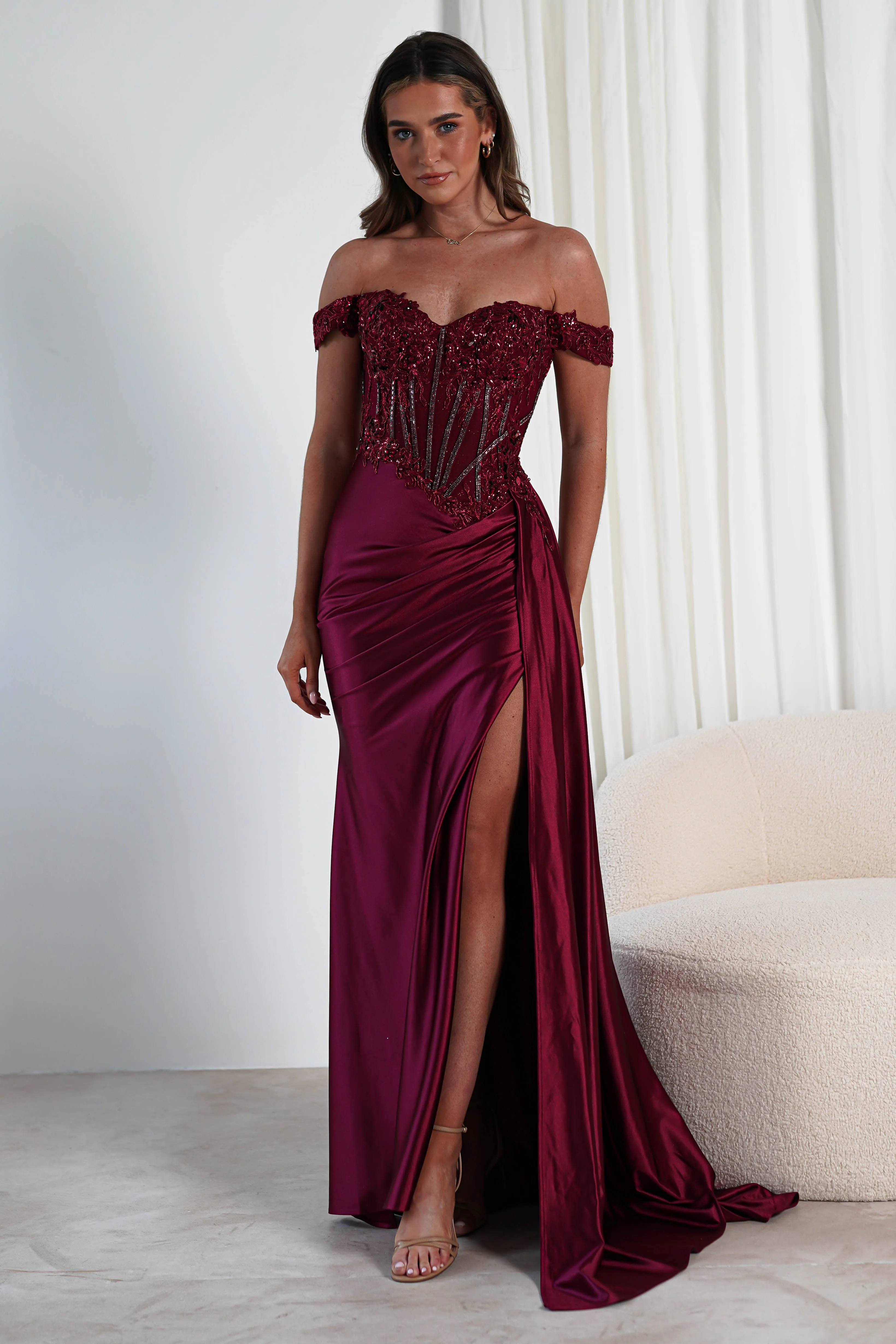Marsela Lace Bodice Gown | Burgundy
