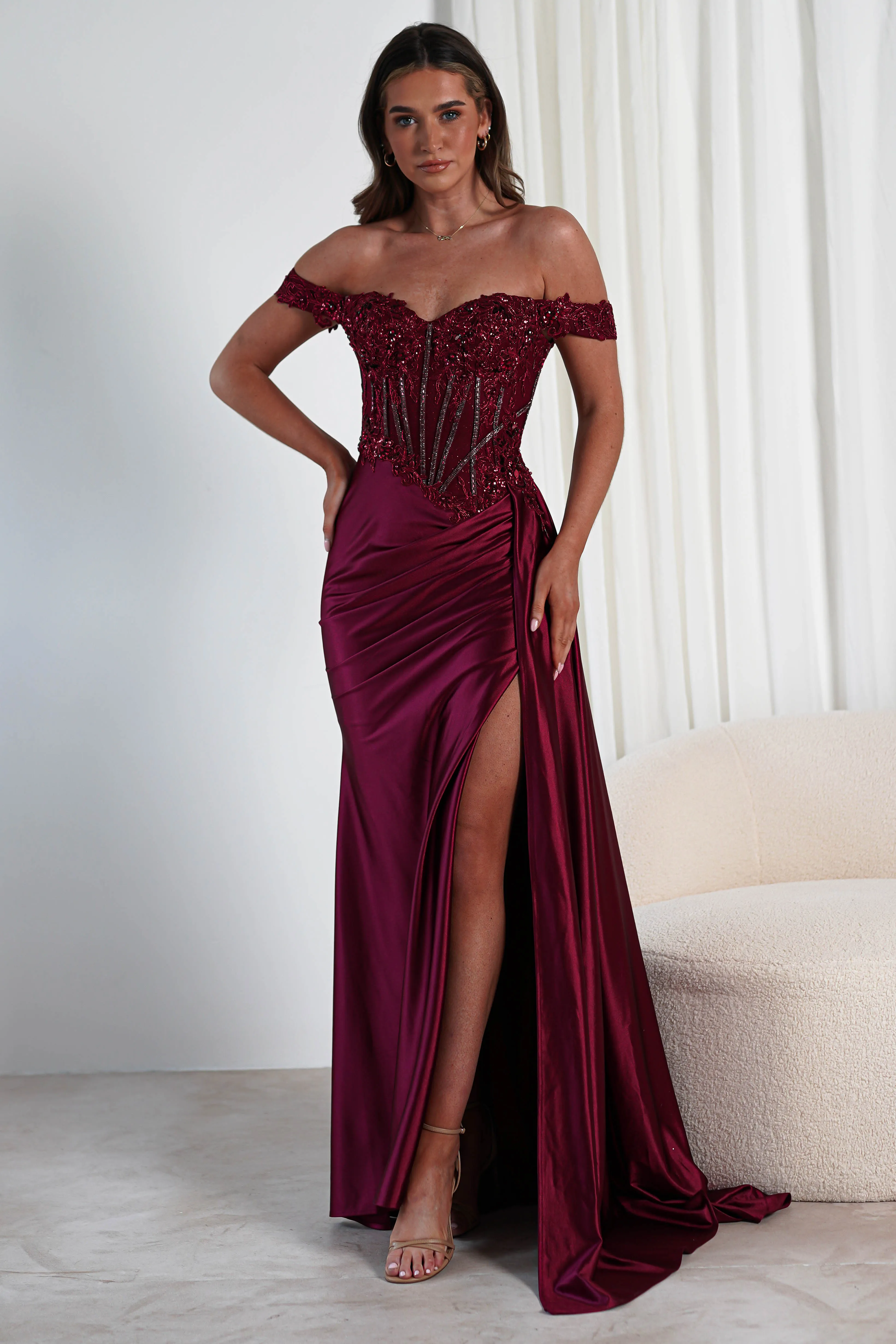 Marsela Lace Bodice Gown | Burgundy
