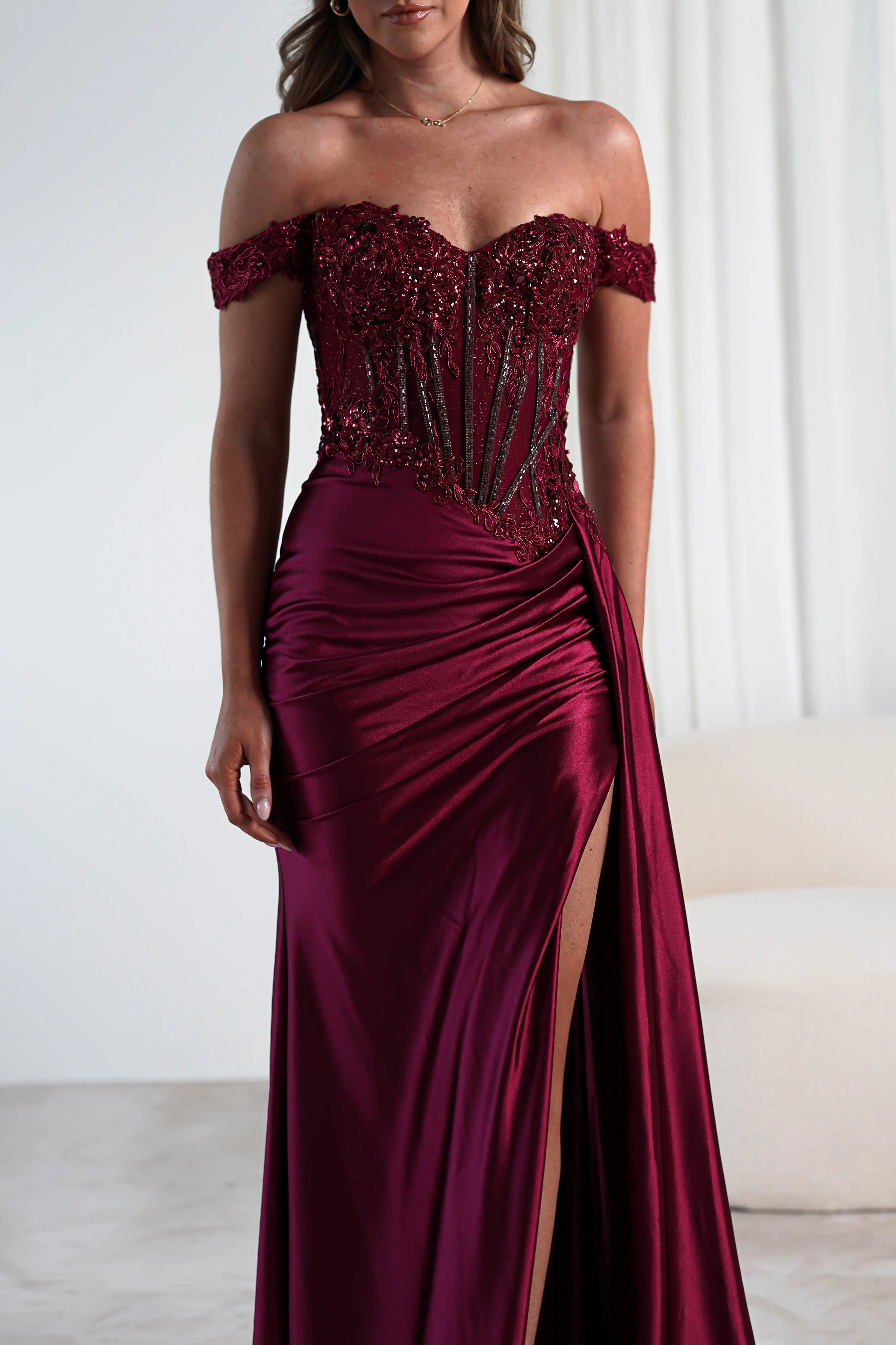 Marsela Lace Bodice Gown | Burgundy