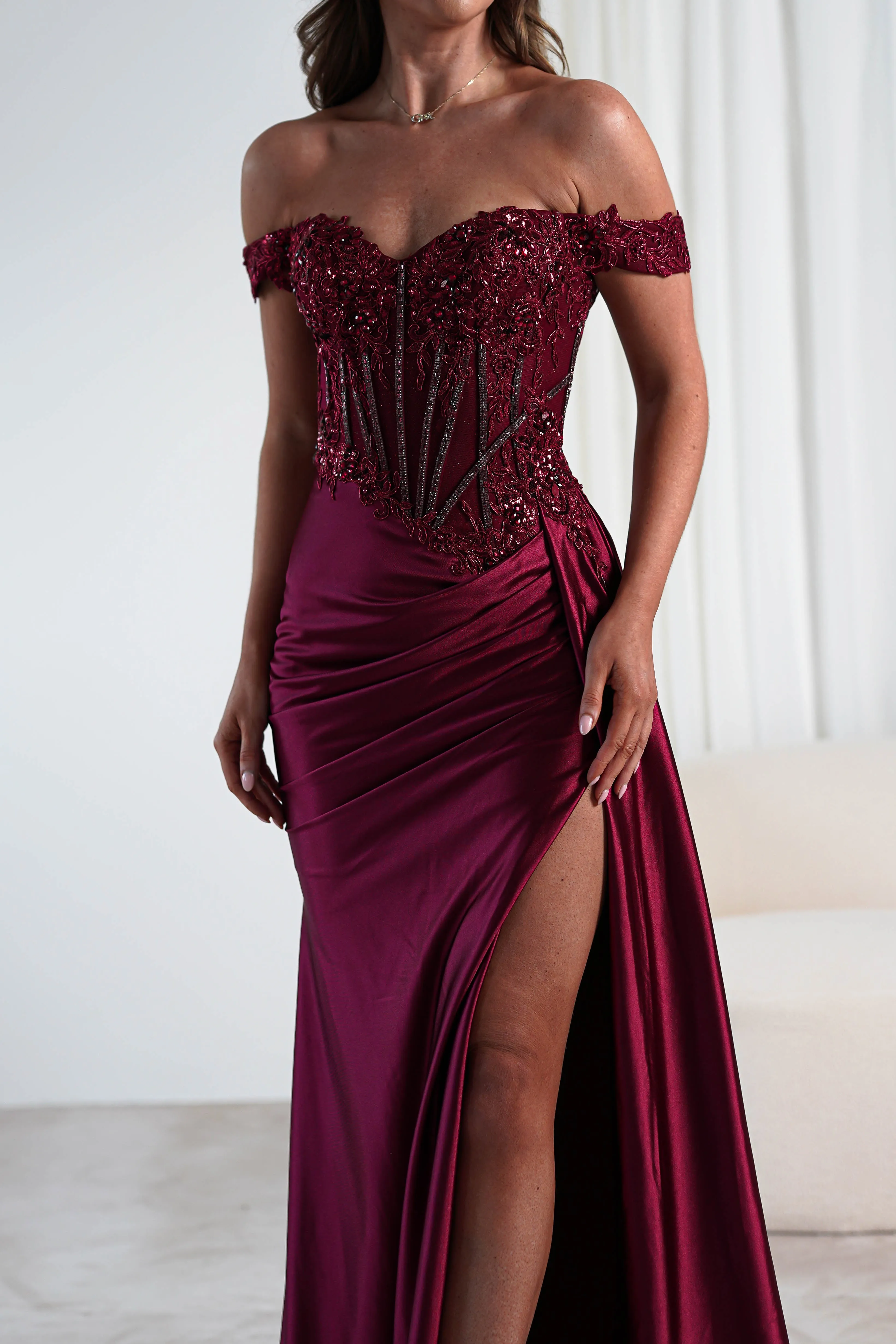 Marsela Lace Bodice Gown | Burgundy
