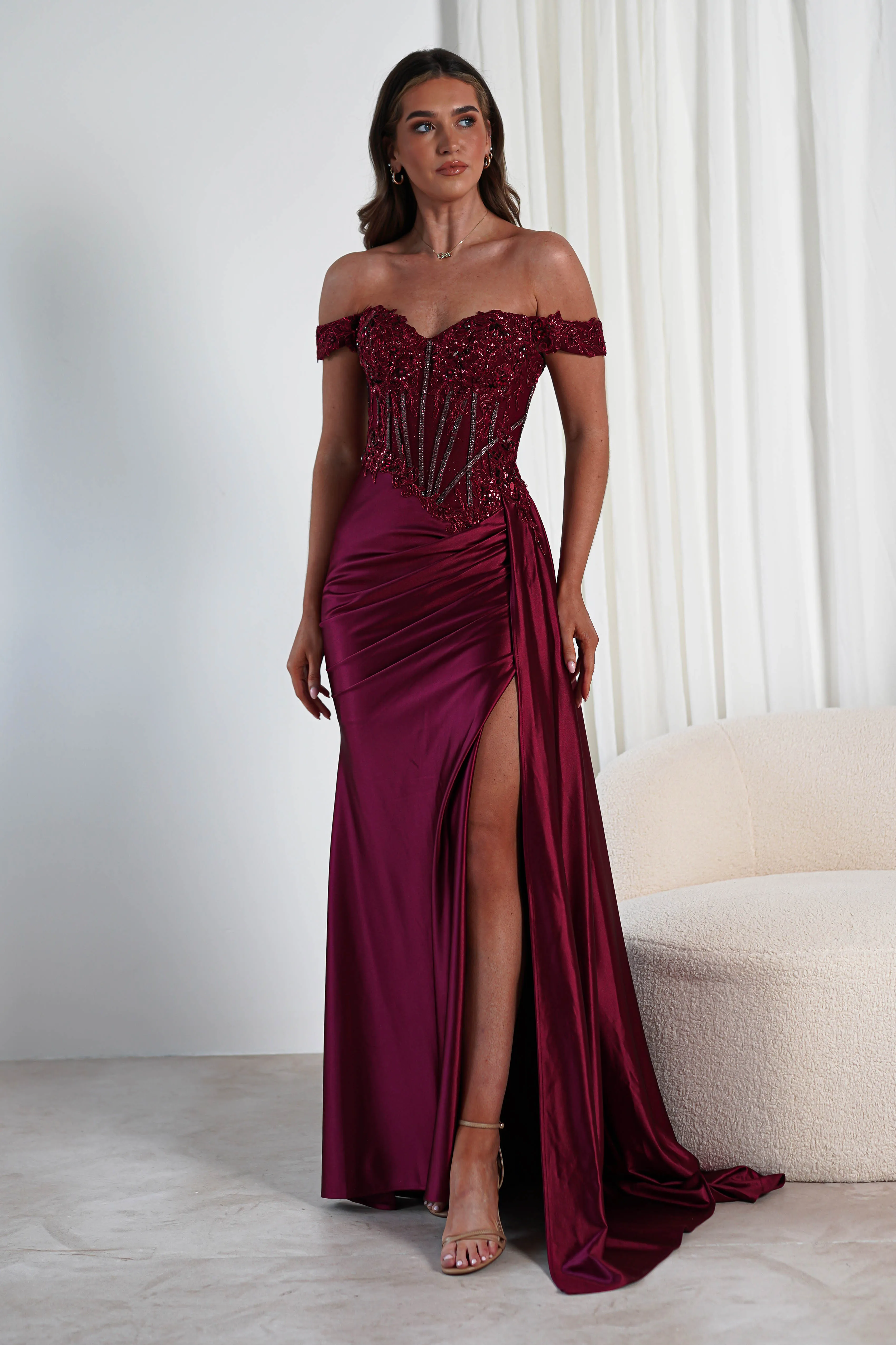 Marsela Lace Bodice Gown | Burgundy