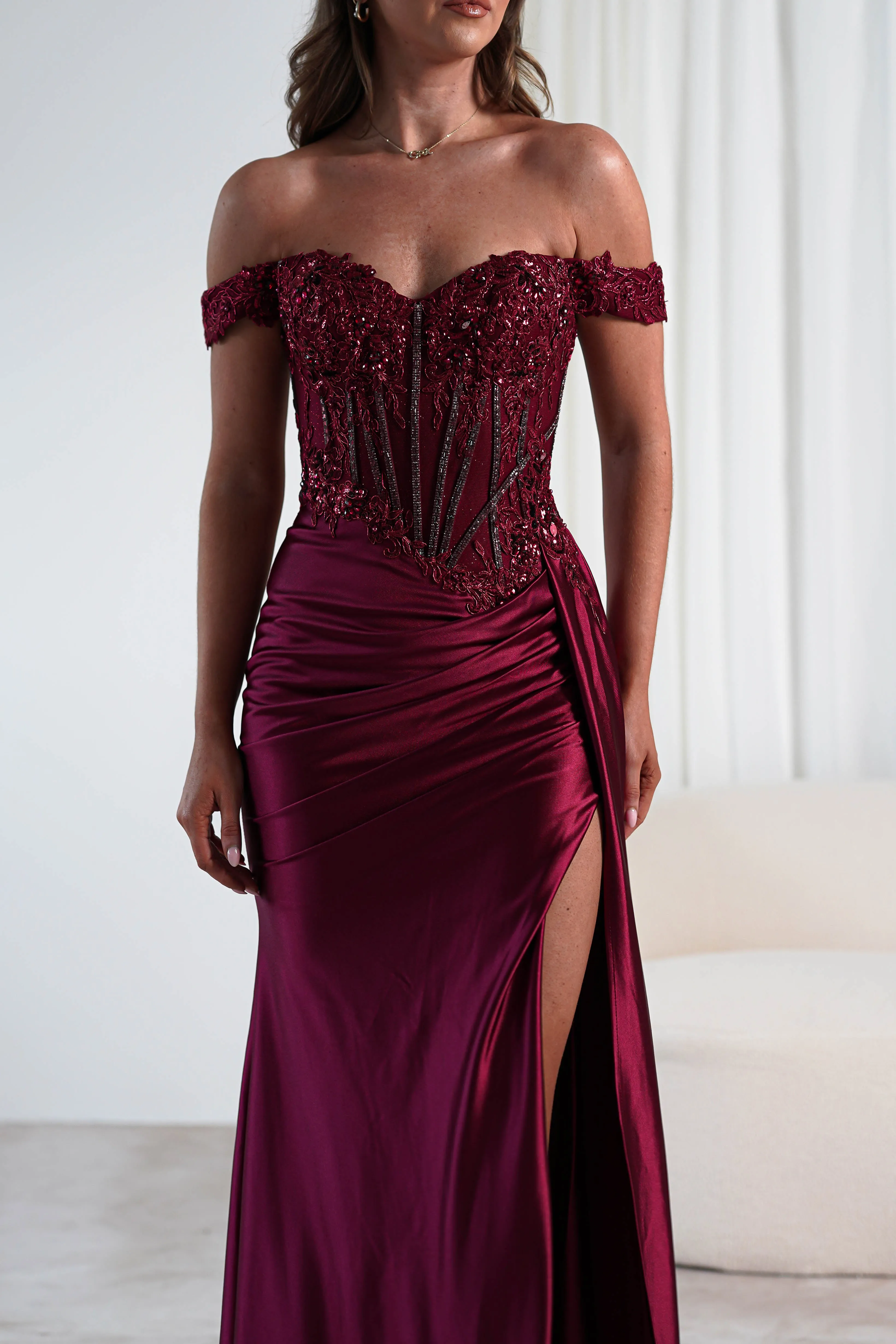 Marsela Lace Bodice Gown | Burgundy