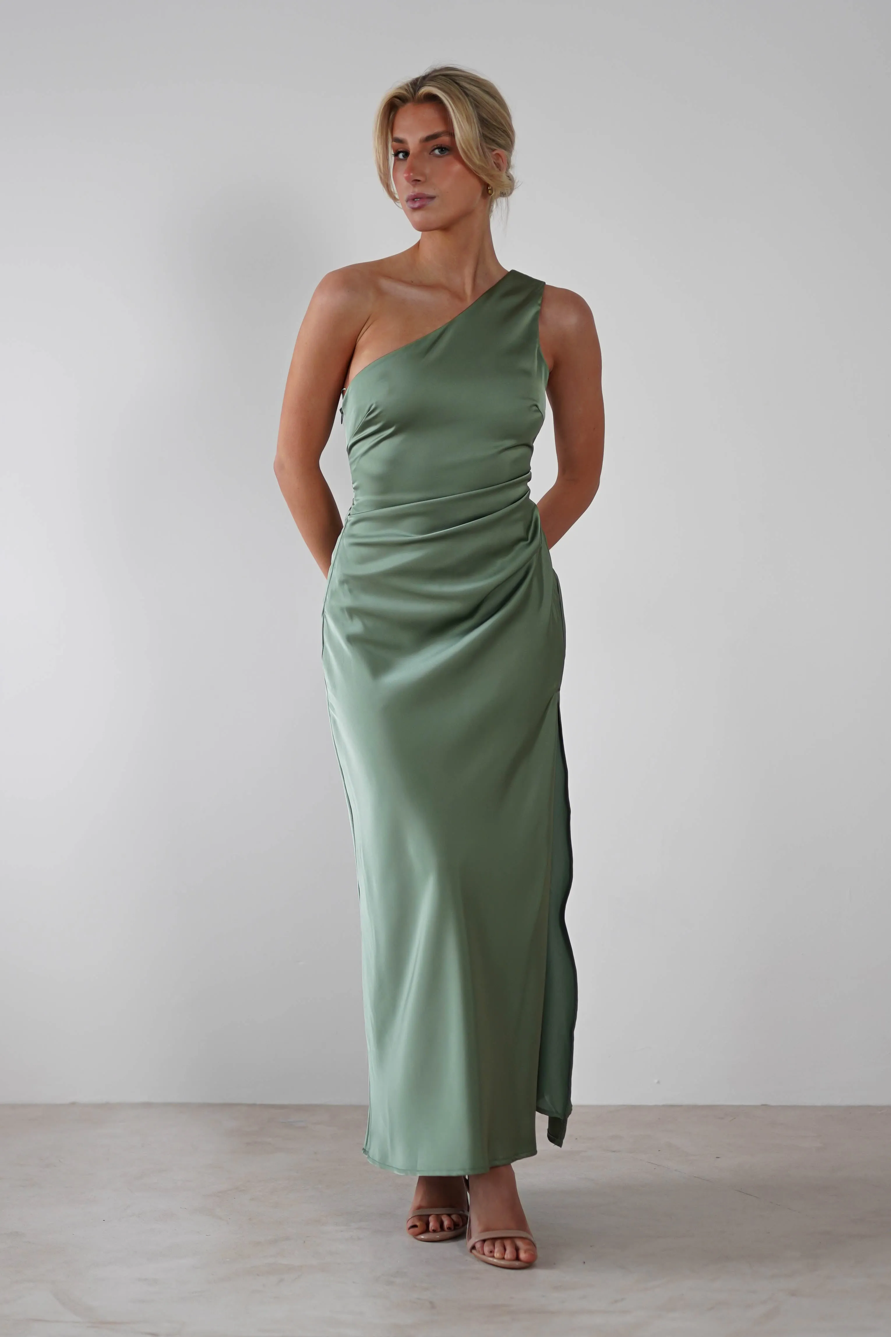 Meera Soft Matte Satin Midaxi Dress | Olive