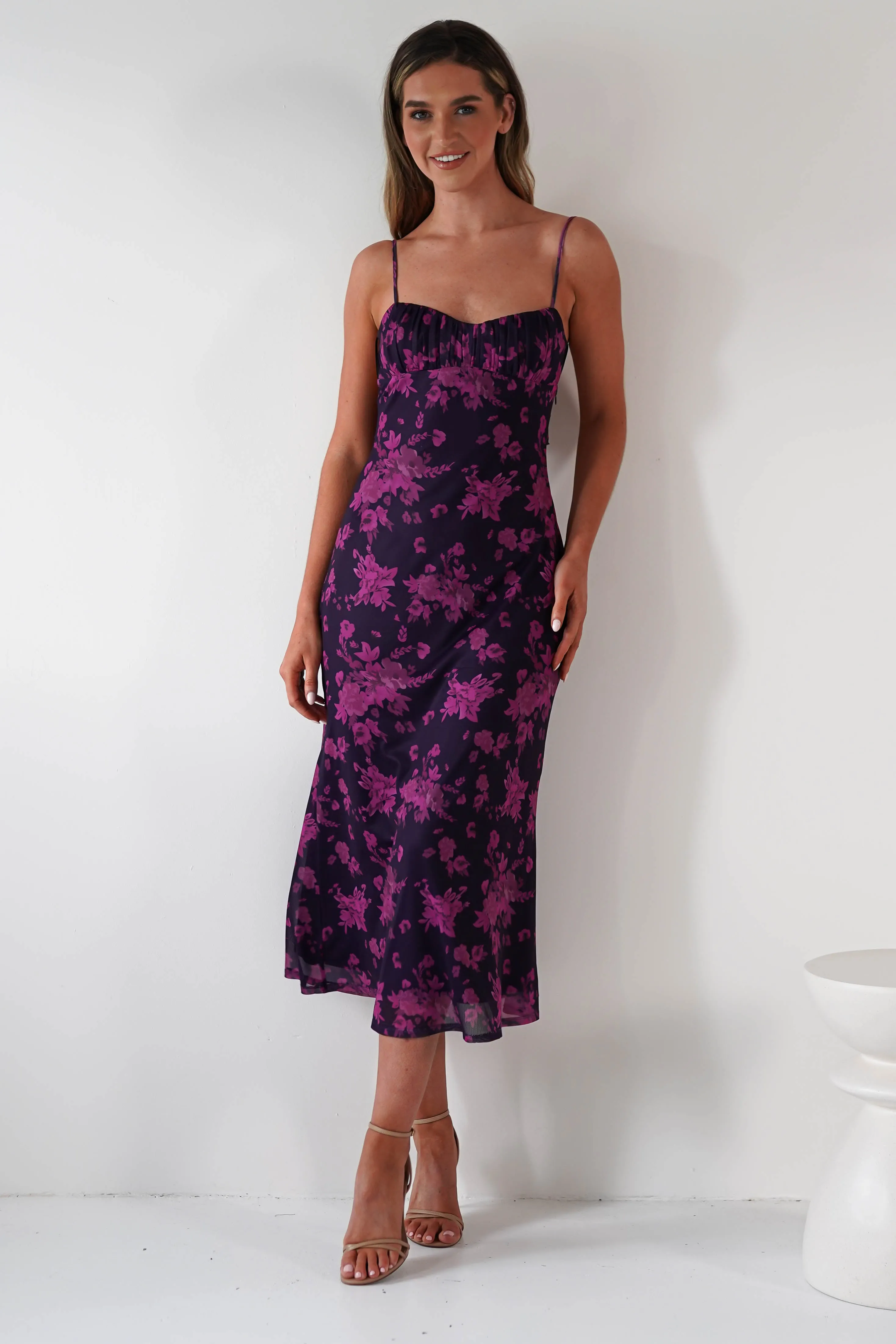 Merlo Low Back Midaxi Dress | Grape Print