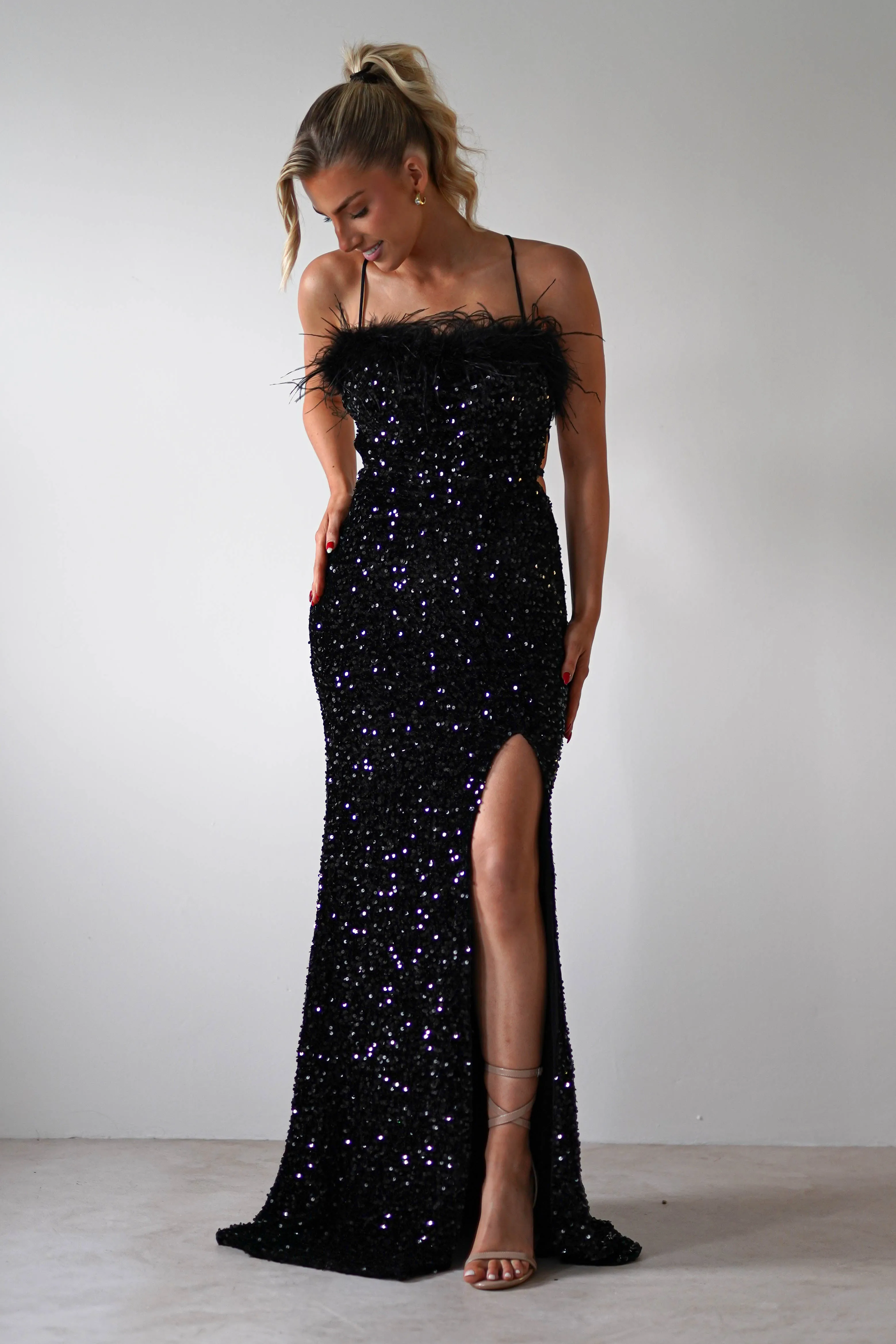 Mira Sequin Feather Maxi Gown  dress,evening dress,graduation dress,party dress,birthday dress,beautiful dress,dress,summer dress,beautiful dressBlack