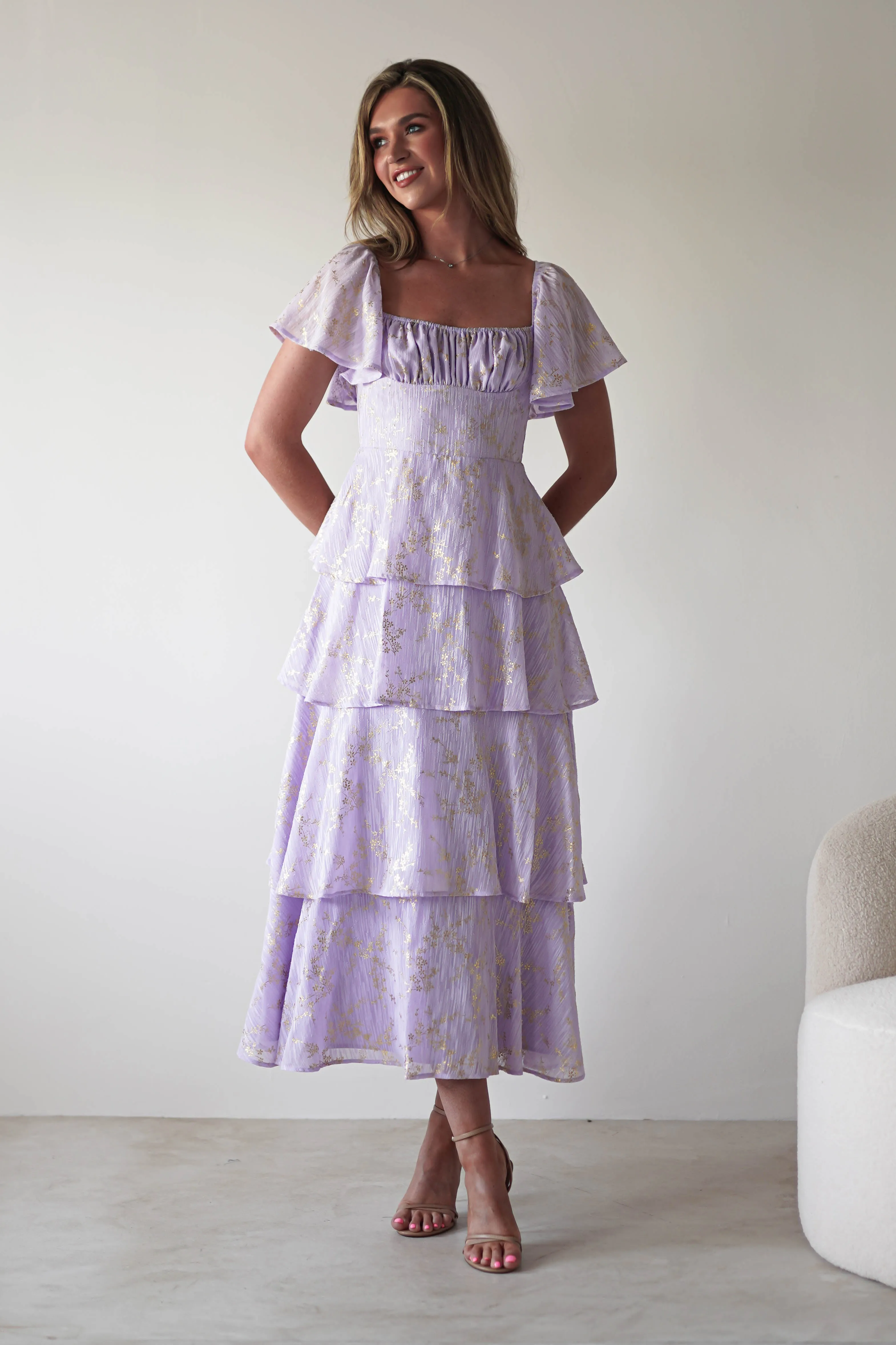 Mirielle Gold Detail Ruffle Maxi Dress | Lilac
