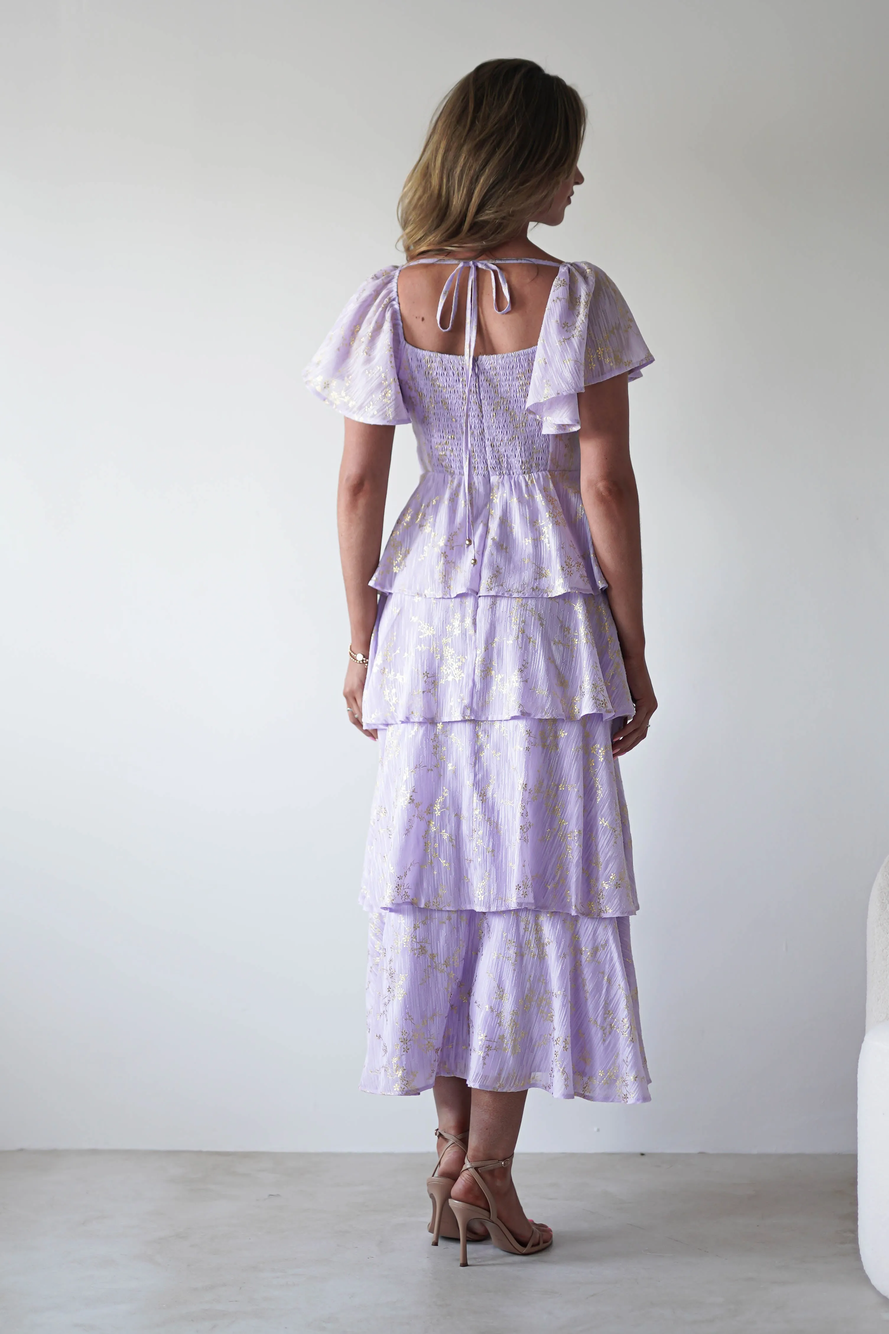 Mirielle Gold Detail Ruffle Maxi Dress | Lilac