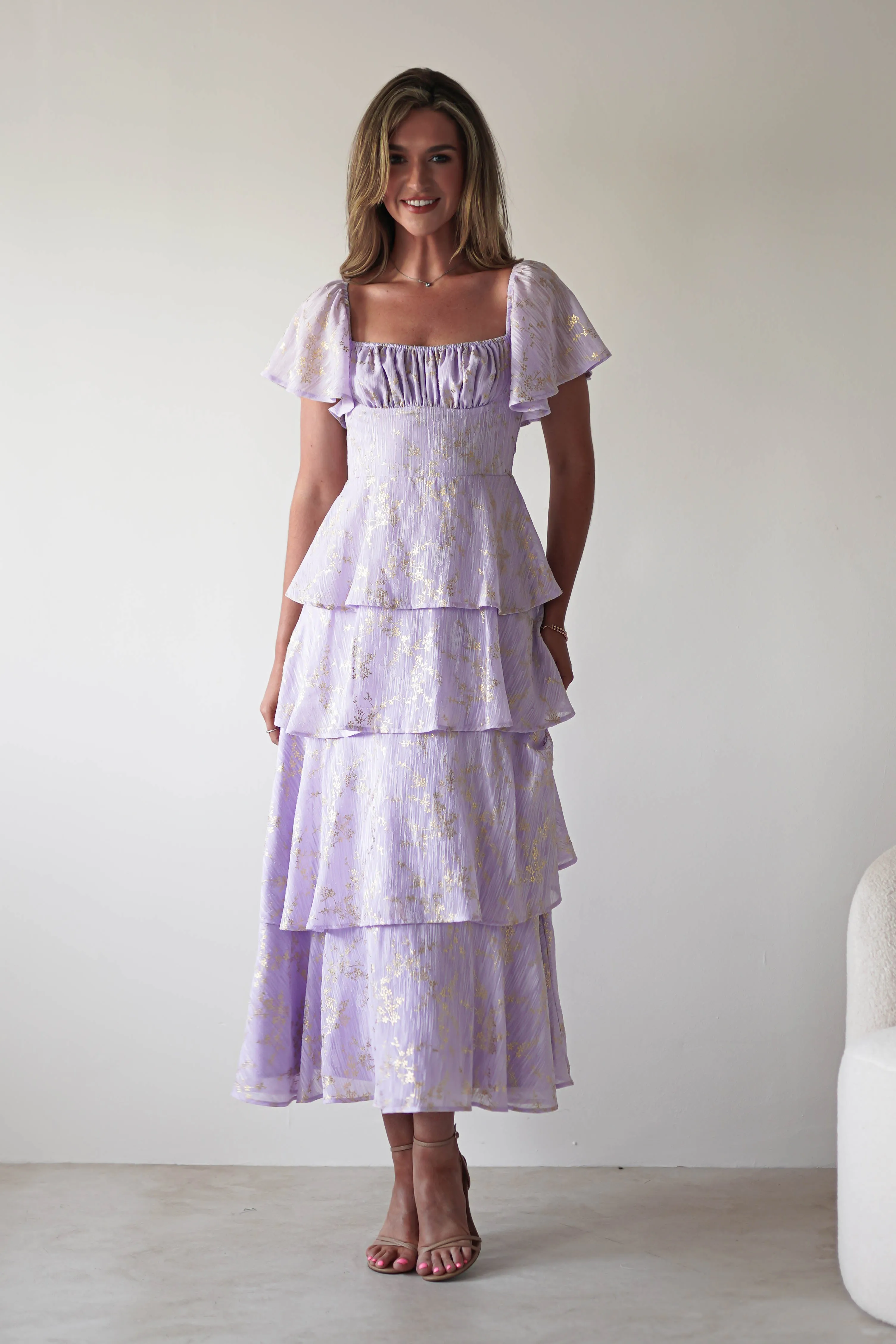Mirielle Gold Detail Ruffle Maxi Dress | Lilac