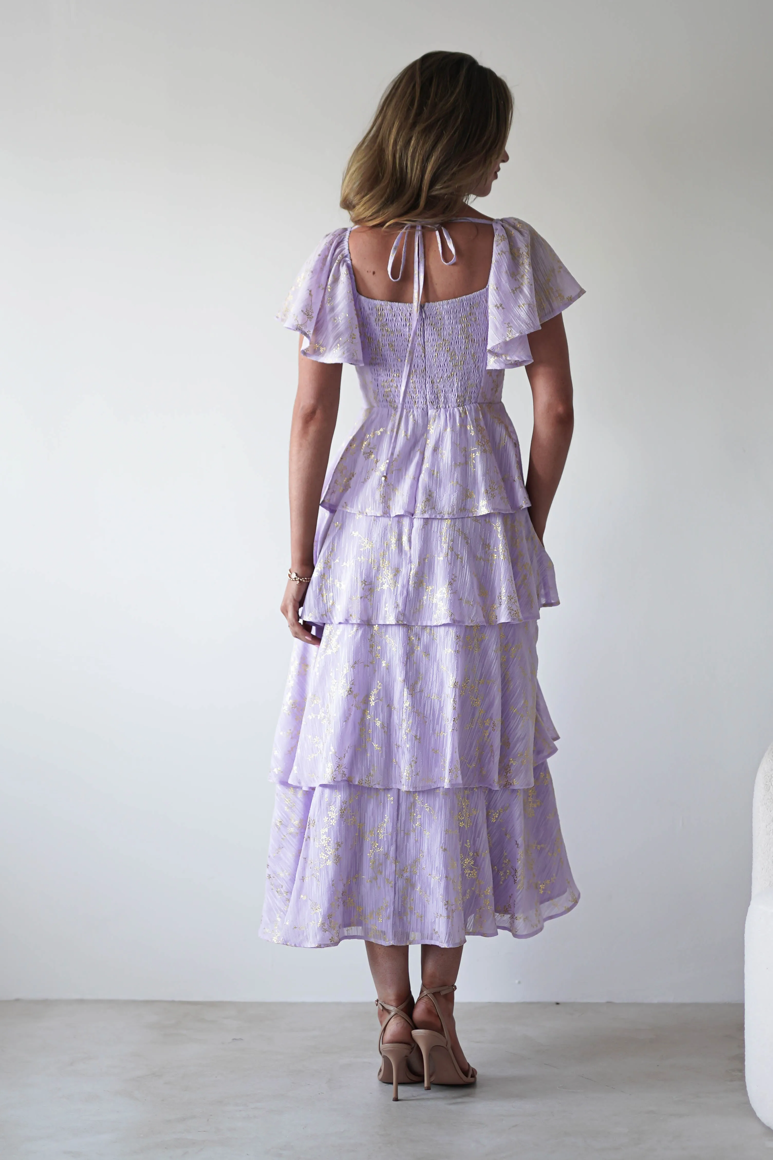 Mirielle Gold Detail Ruffle Maxi Dress | Lilac