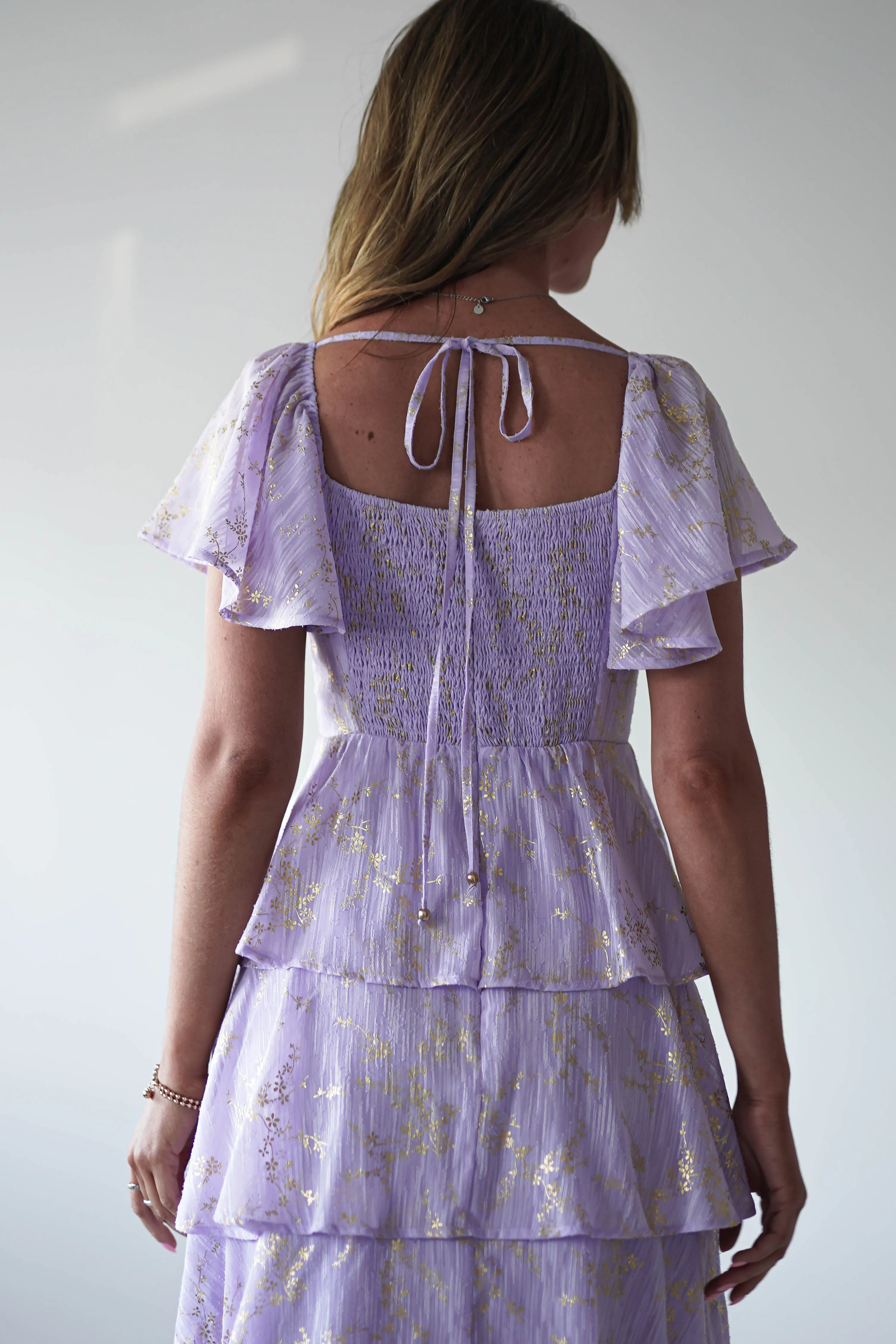 Mirielle Gold Detail Ruffle Maxi Dress | Lilac