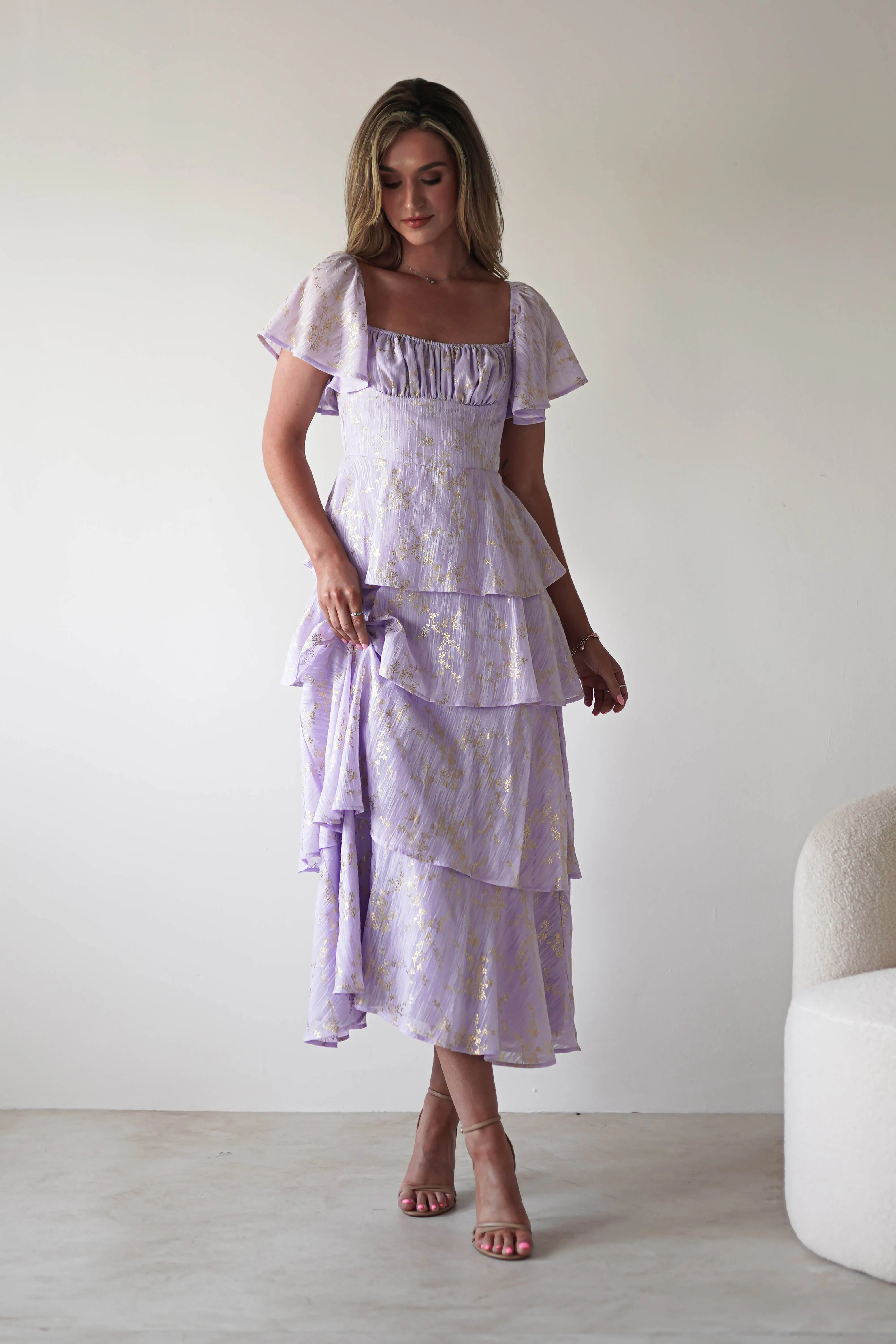 Mirielle Gold Detail Ruffle Maxi Dress | Lilac