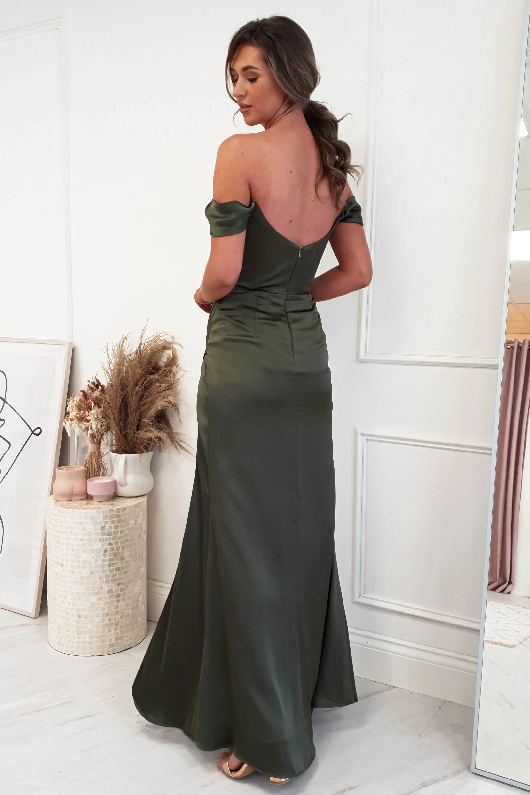Misha High Slit Off Shoulder Corset Gown | Dark Olive