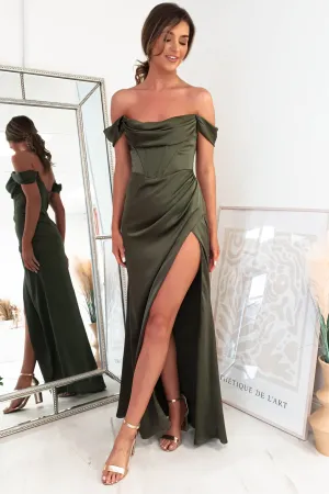 Misha High Slit Off Shoulder Corset Gown | Dark Olive