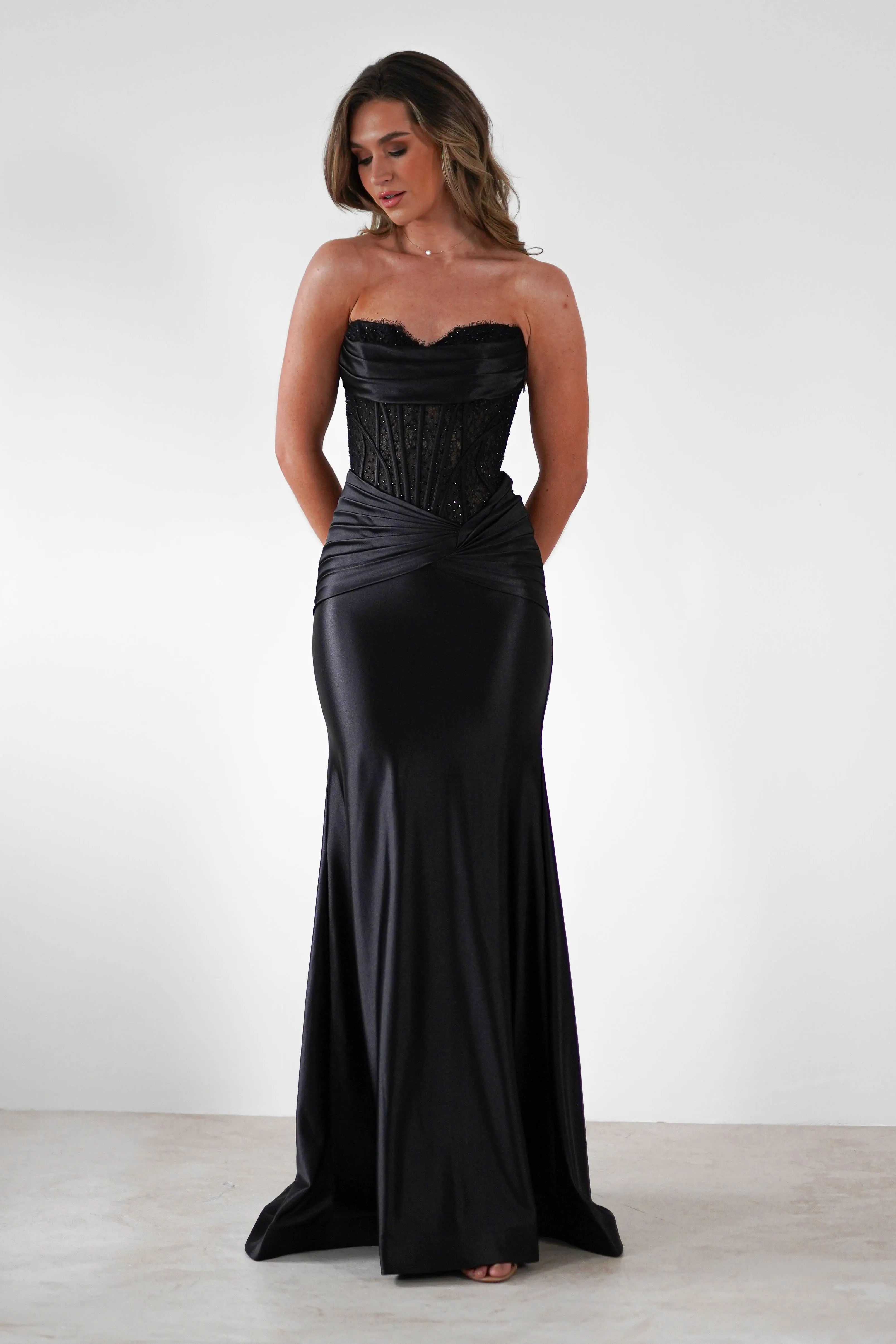 Misha Strapless Lace Detail Gown | Black