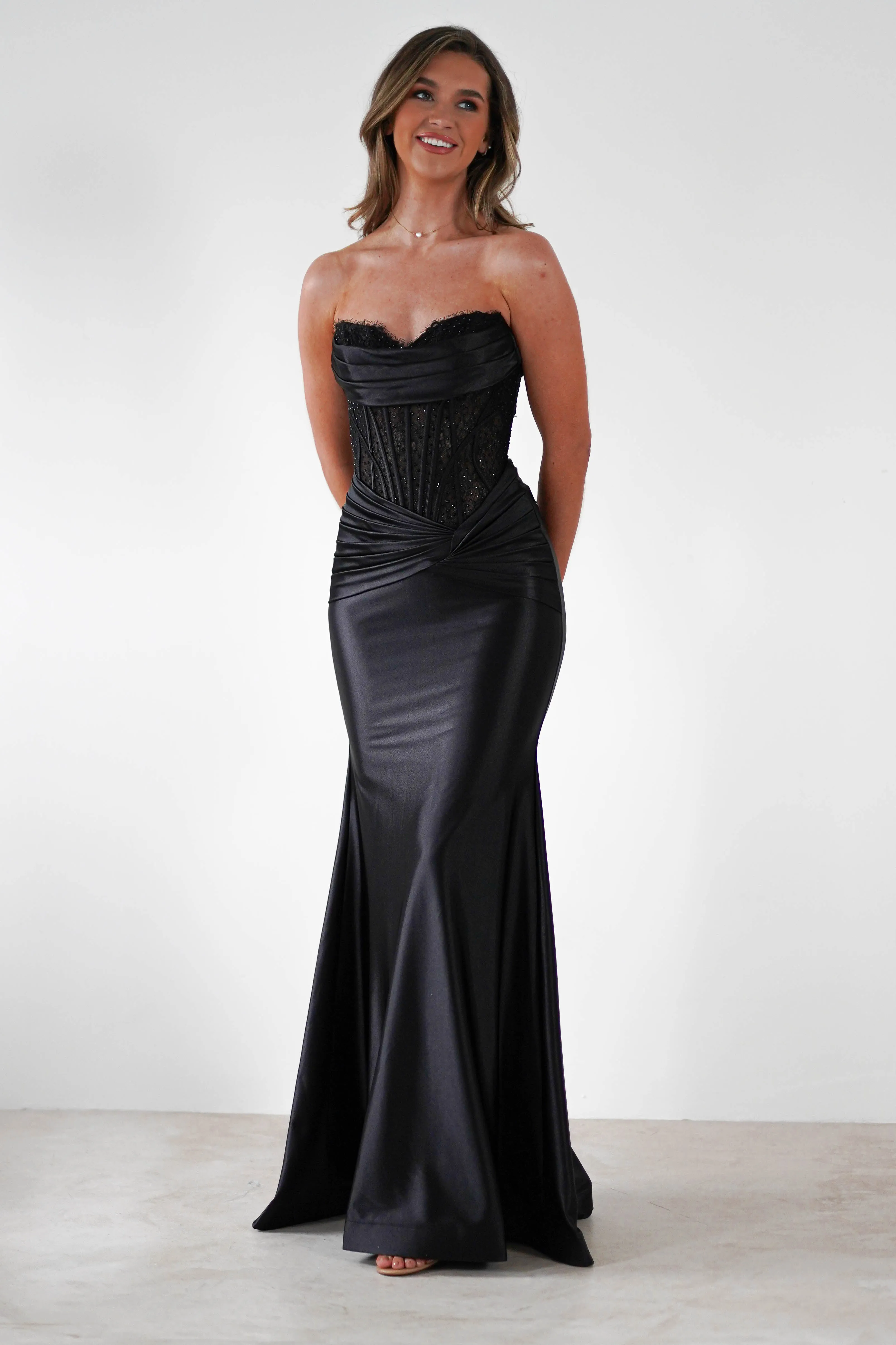 Misha Strapless Lace Detail Gown | Black